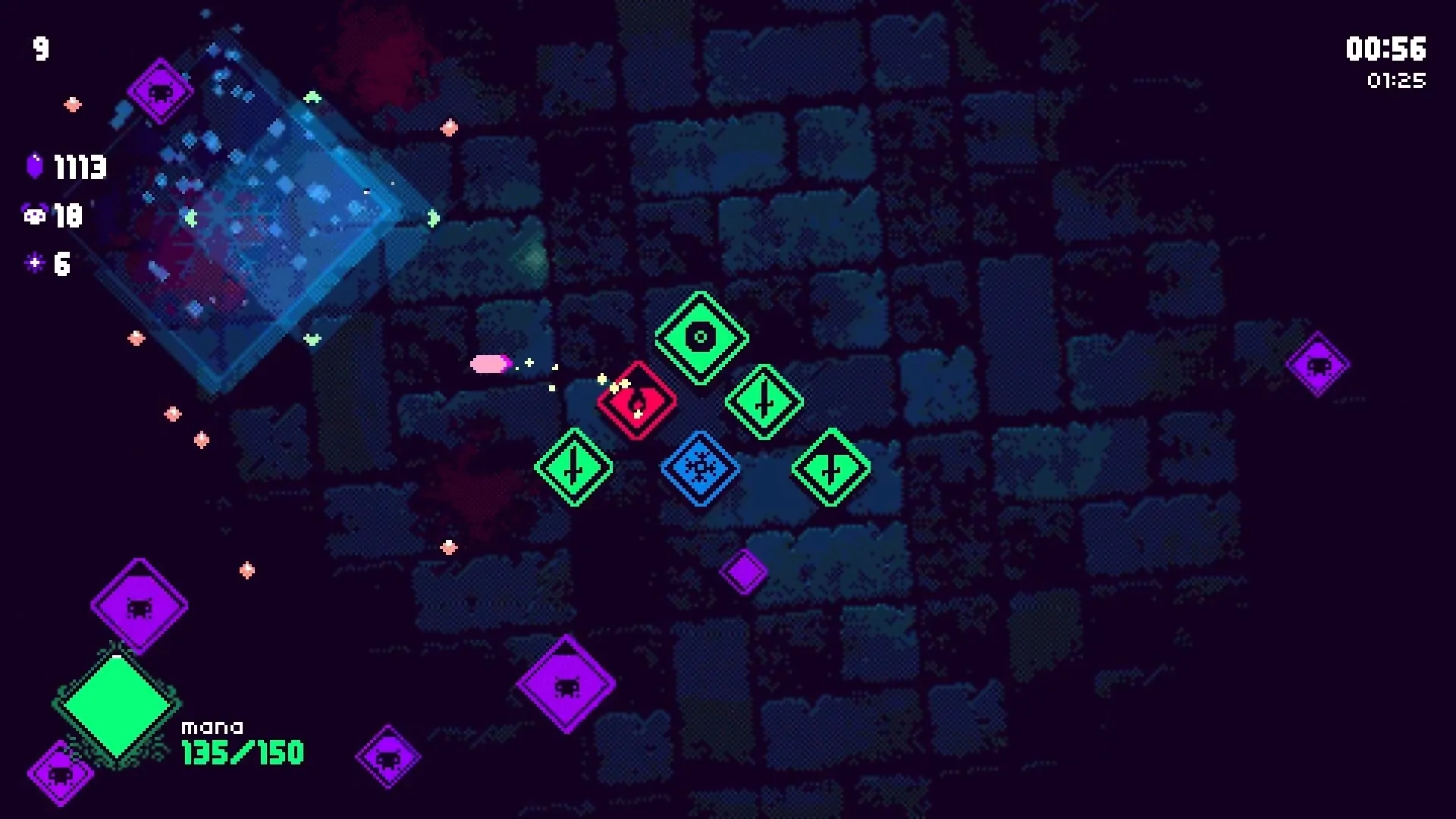 Wild Growth: Strategic tile placement with glowing icons on a dark dungeon floor, timer at top right.