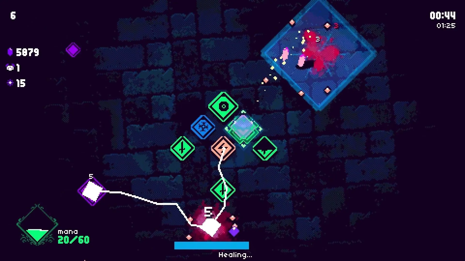 Wild Growth: Combat with red monster in dungeon, player using spells and managing resources on UI