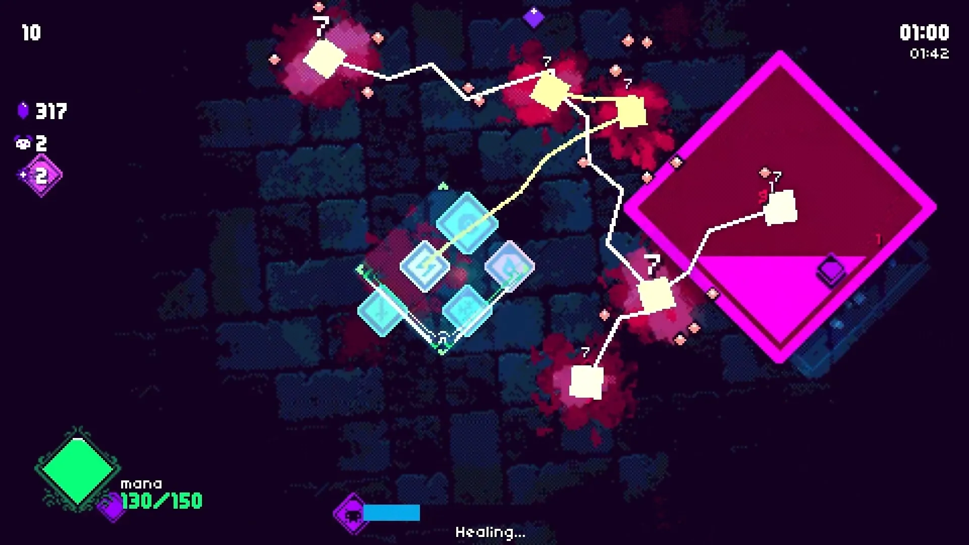 Wild Growth: Puzzle grid with glowing tiles and pathways, mana bar and timer in dark dungeon setting