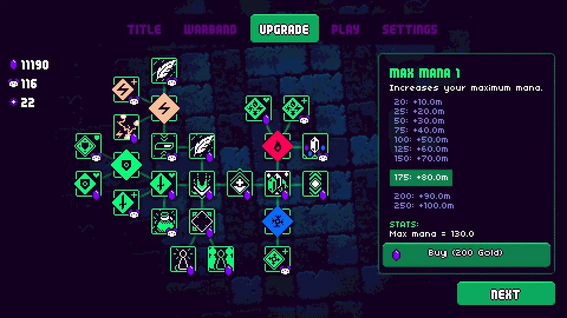 Wild Growth: Skill upgrade tree with various icons and mana increase options in a dungeon-like setting.
