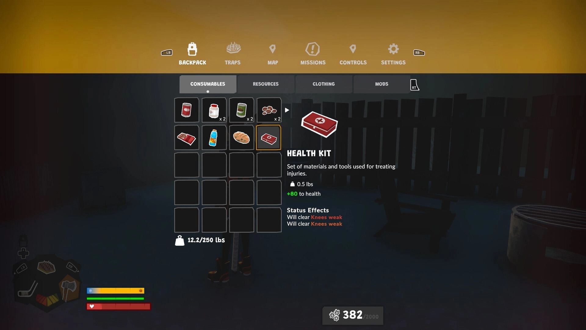 Wild Ice: Backpack consumables menu highlighting a health kit, with item grid over dark base interior.