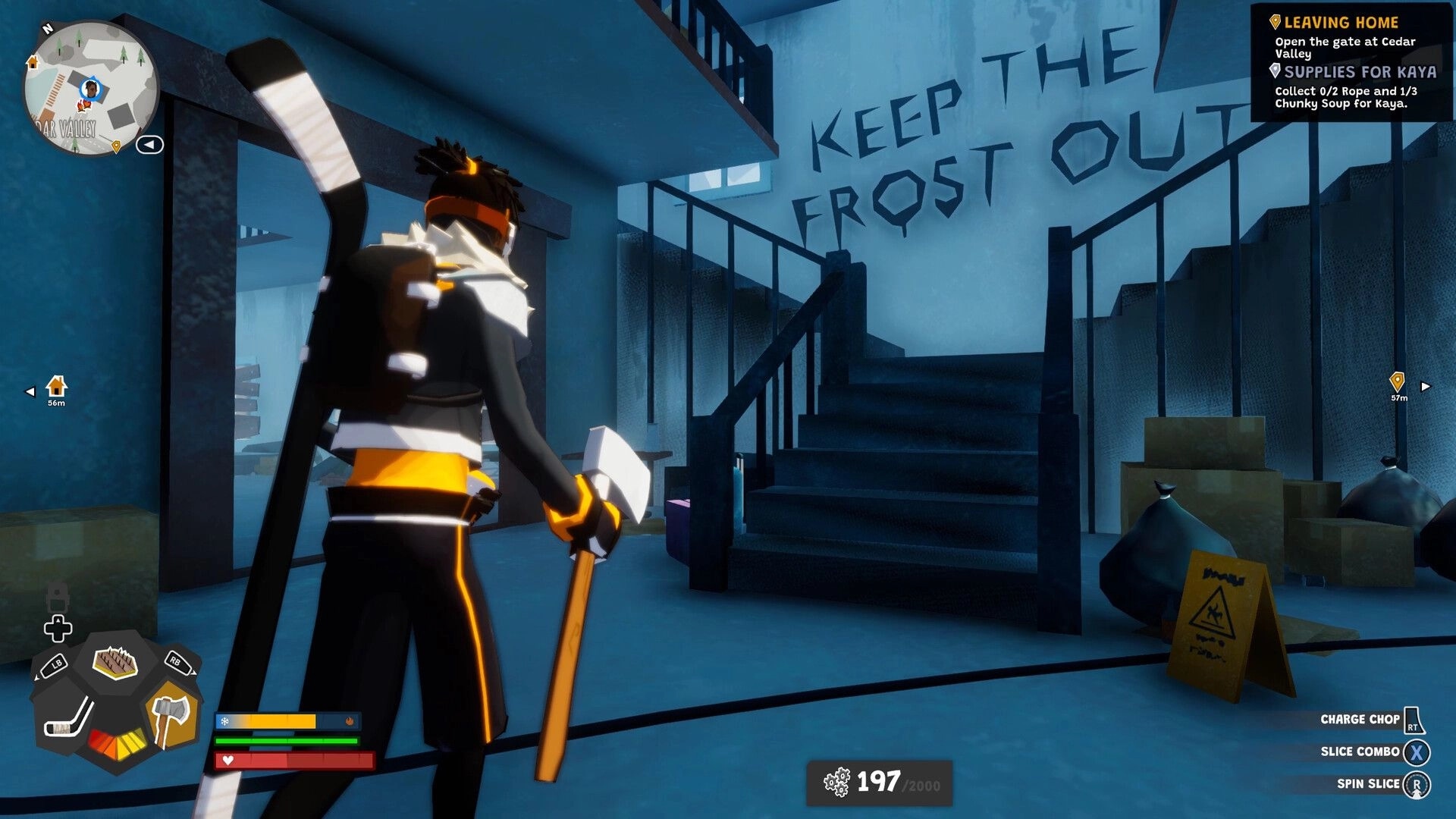 Wild Ice: Player with hockey stick faces stairwell and “KEEP THE FROST OUT” graffiti in base lobby.