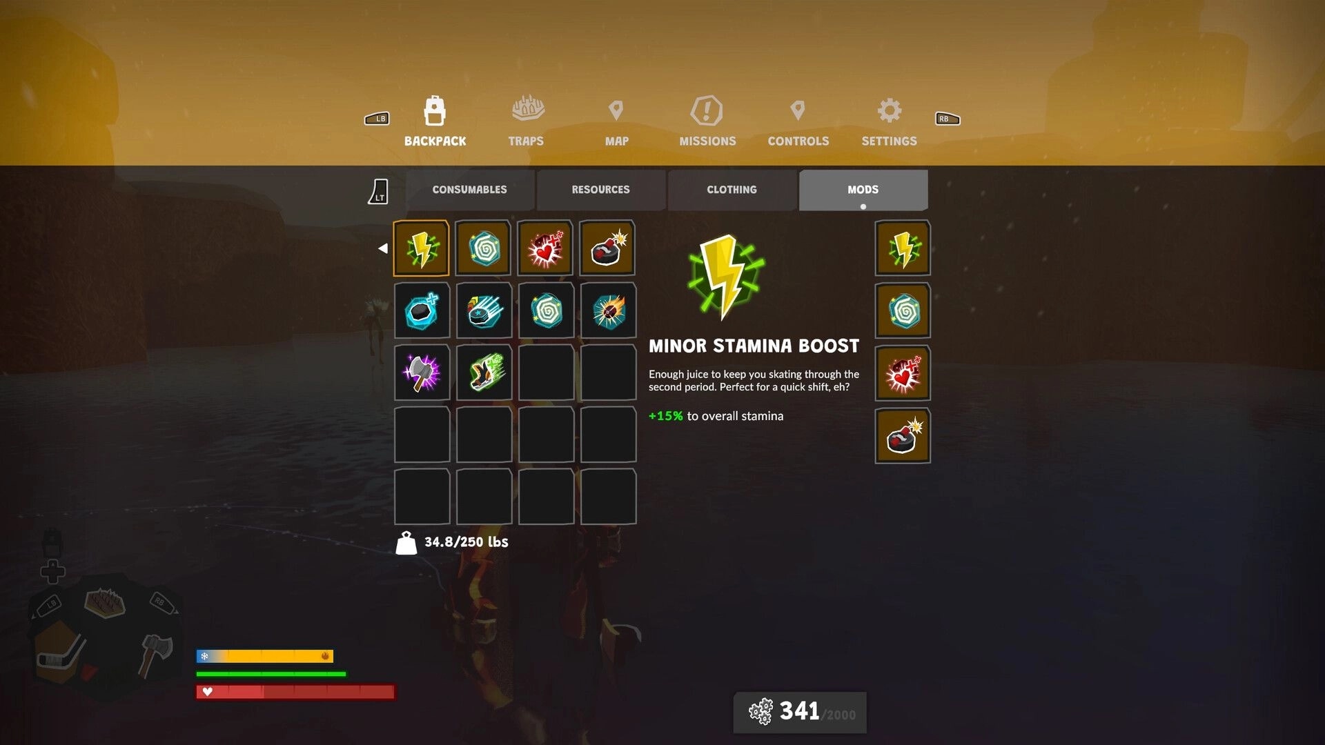 Wild Ice: Backpack mods menu highlighting Minor Stamina Boost over a snowy rink at dusk.