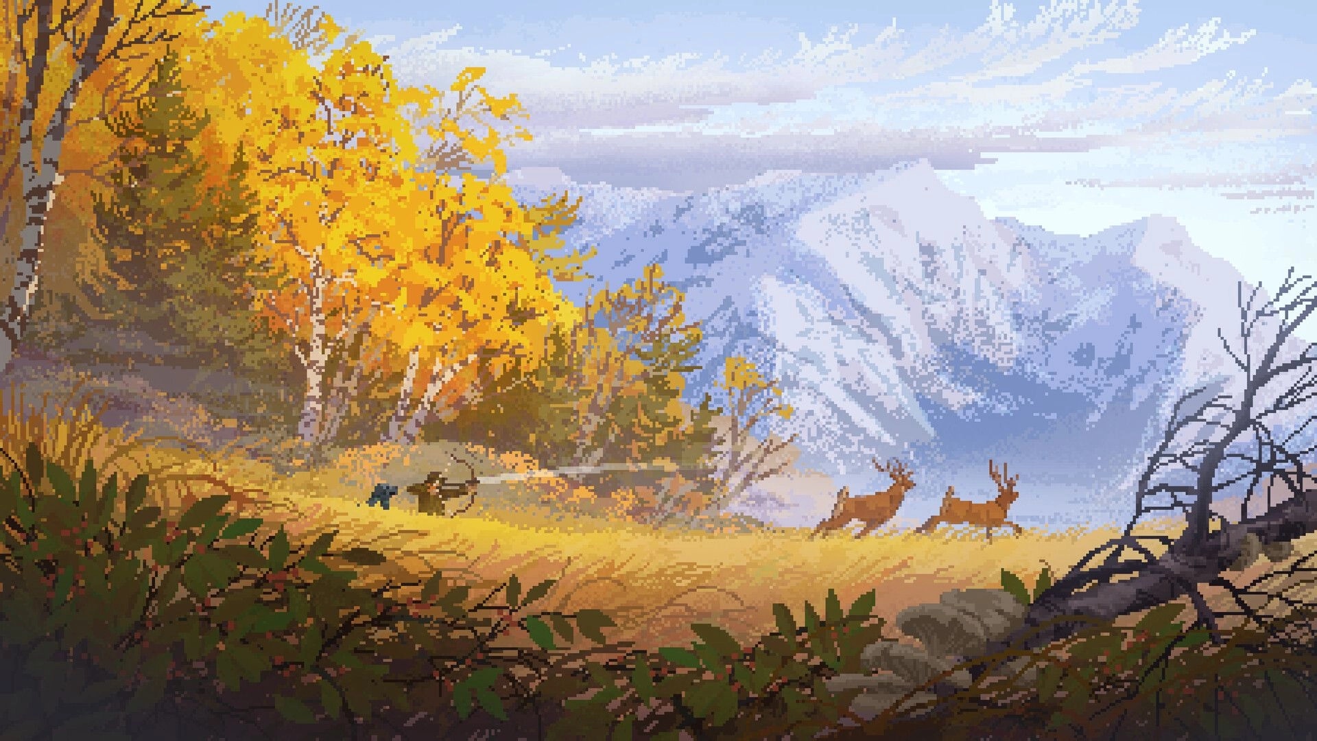 Wild n Chill: Two deer running past golden autumn trees with snowy mountains in the distance.