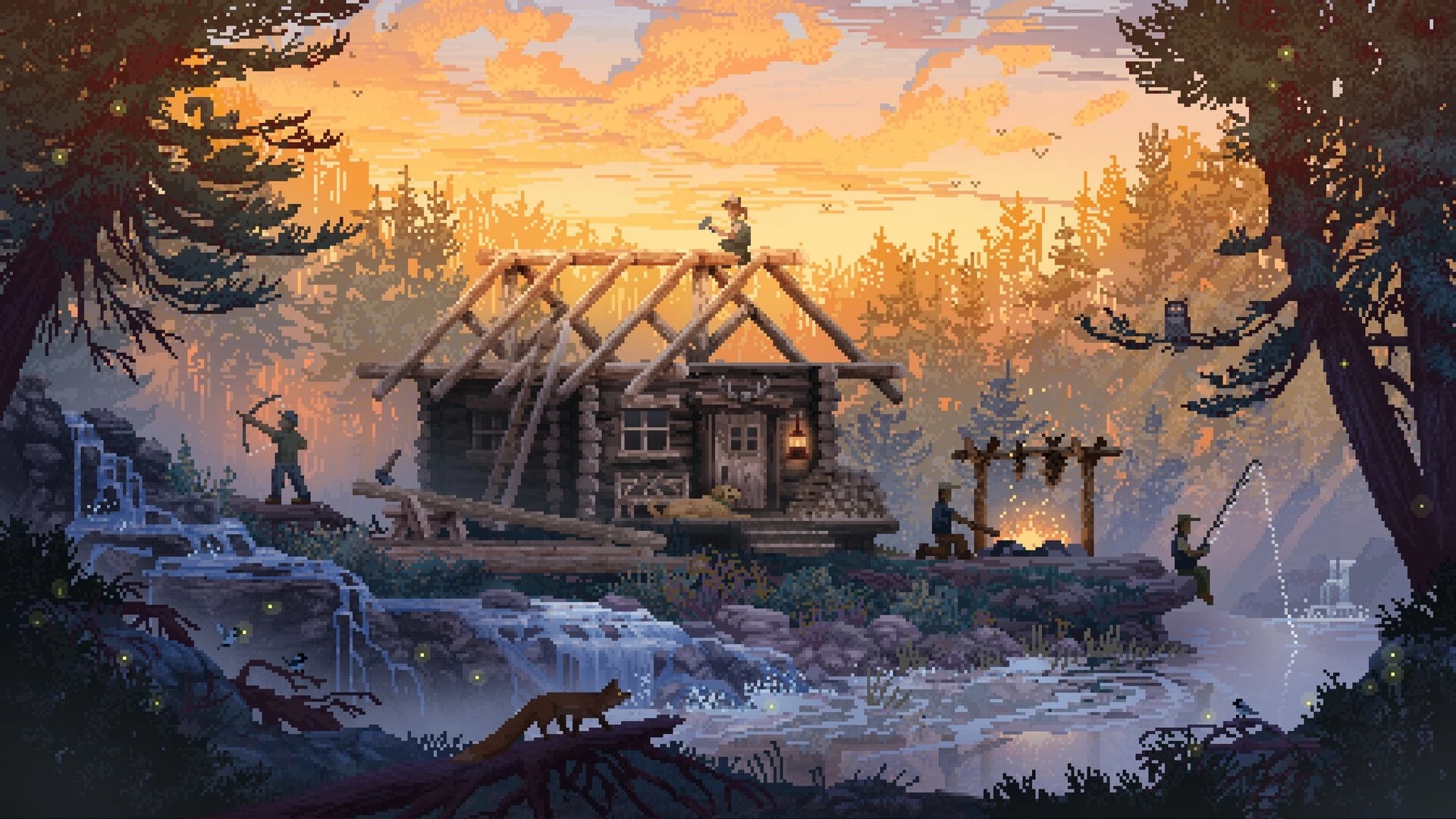 Wild n Chill: Players build a log cabin frame by a riverside campfire at sunset in forest clearing.