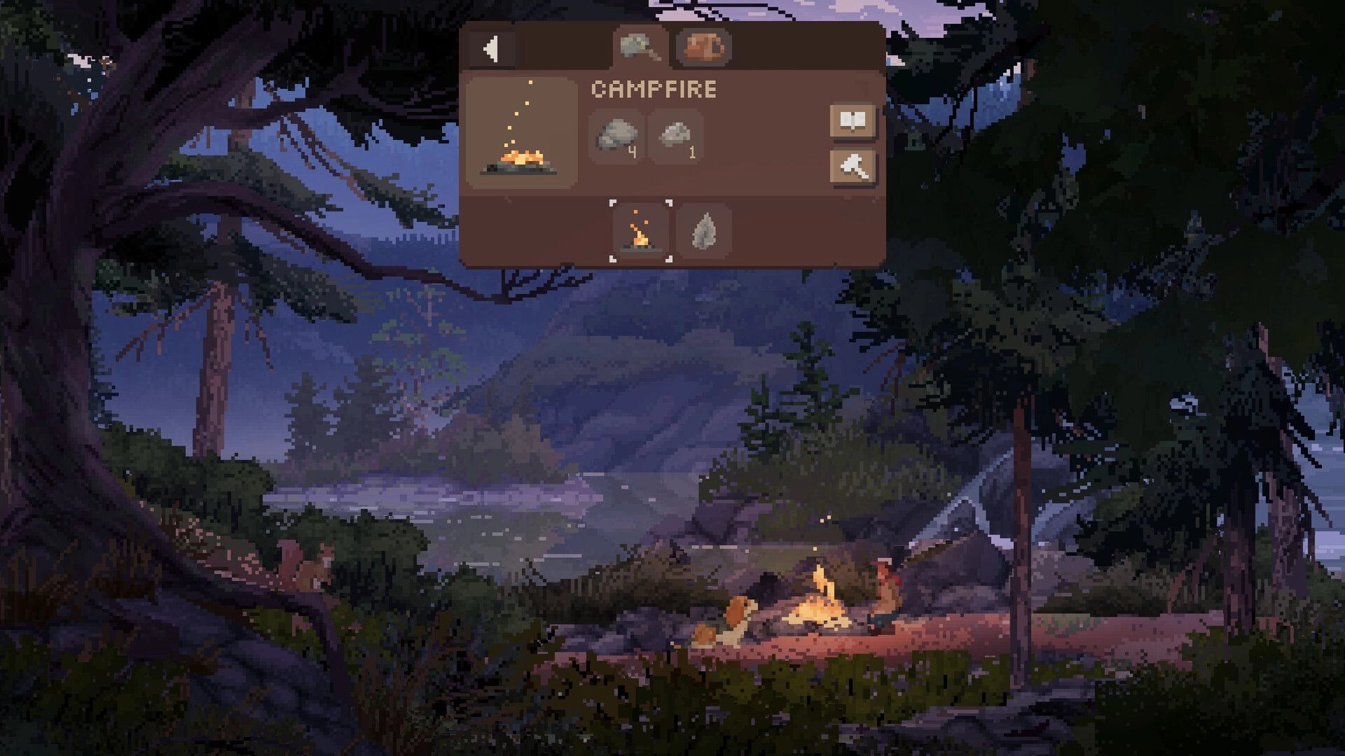 Wild n Chill: Campfire crafting menu open over two characters by a fire in a misty forest clearing.