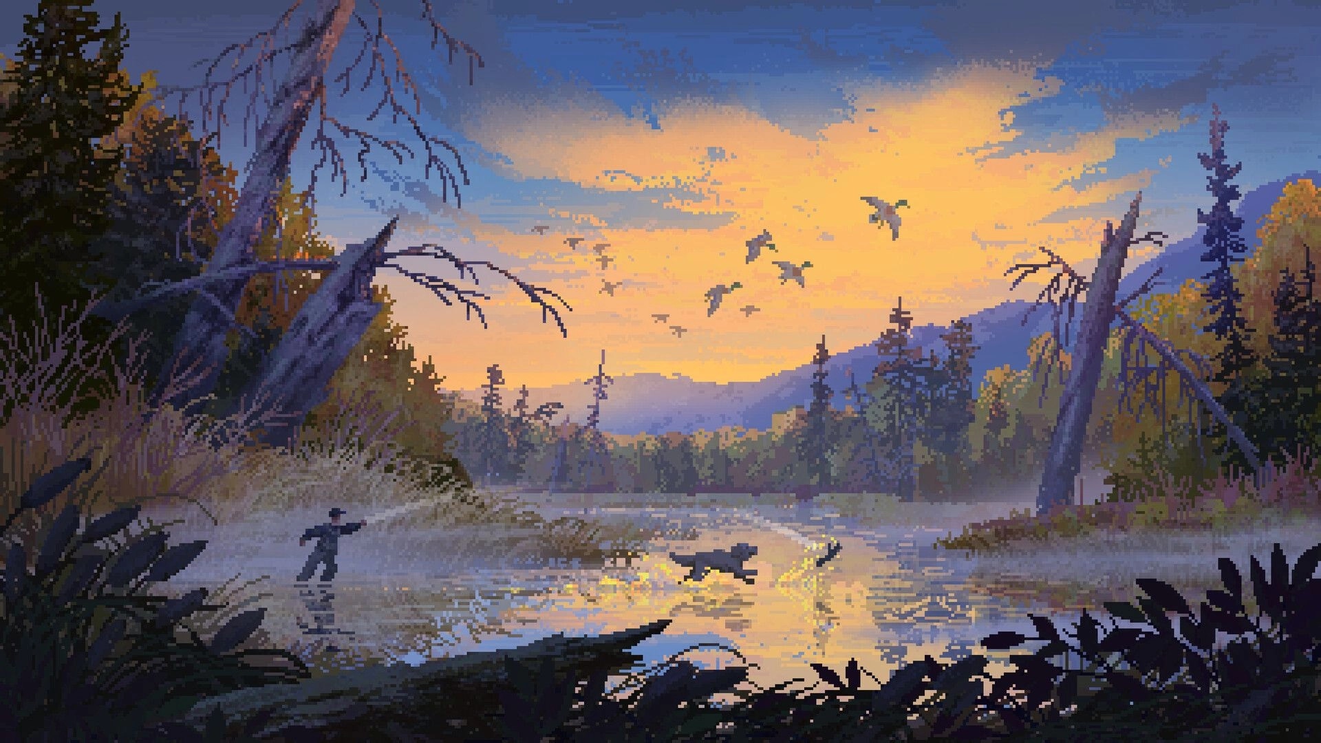 Wild n Chill: Hunter wades in river as dog swims at sunset in misty forest valley with birds overhead.