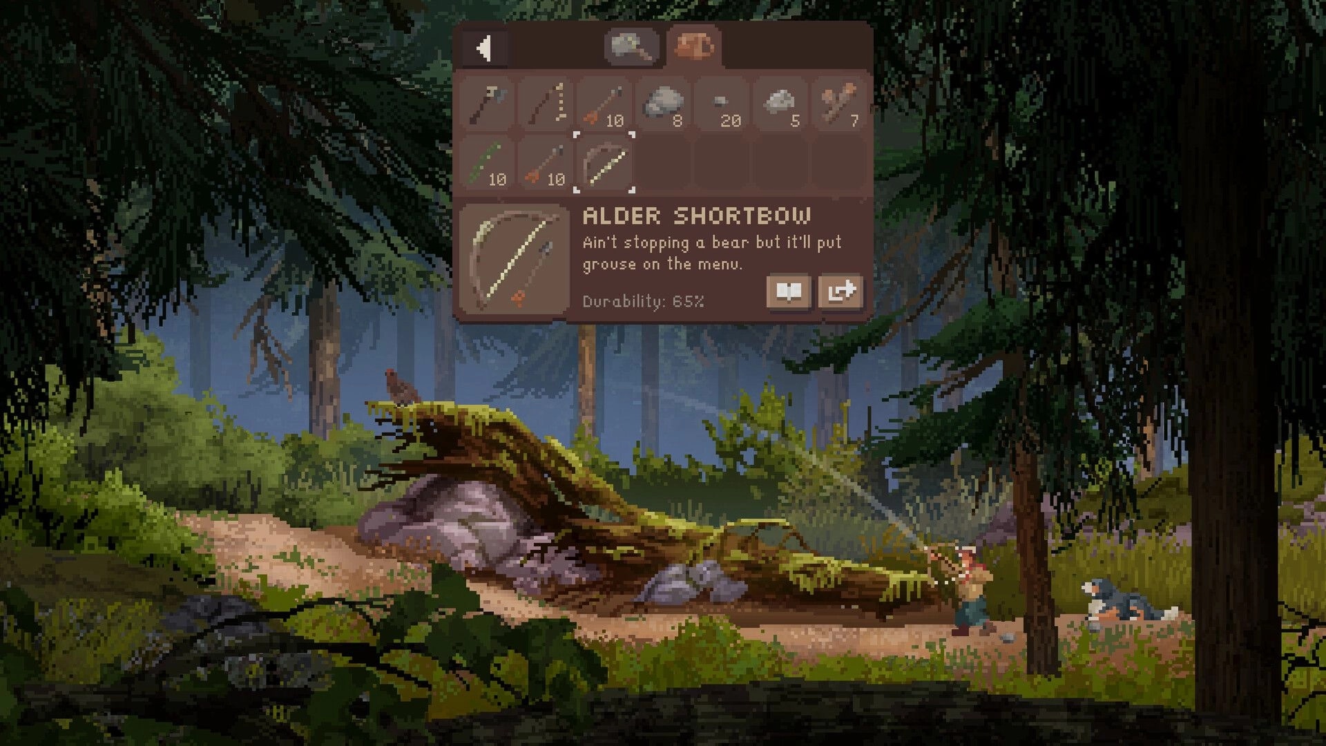 Wild n Chill: Inventory open highlighting Alder Shortbow stats over a pixel forest path with dog.
