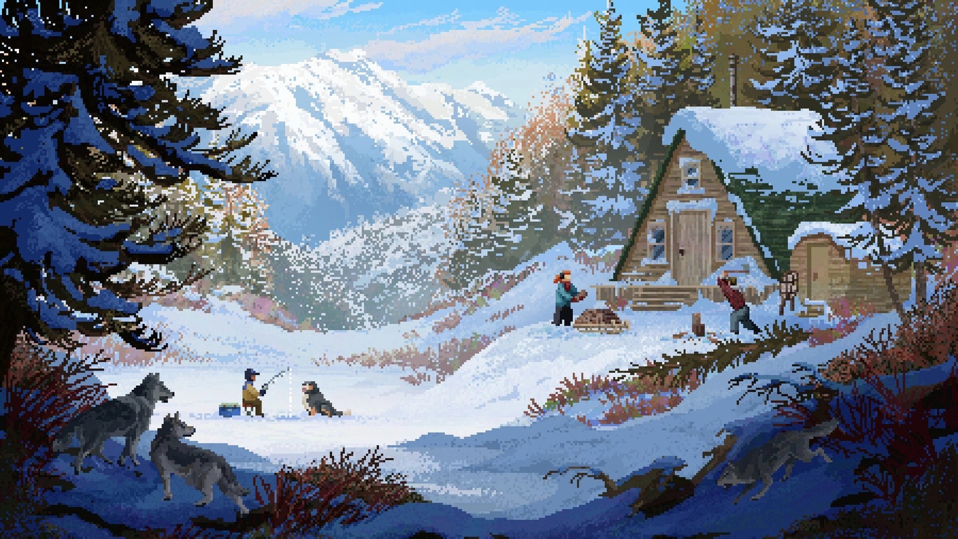 Wild n Chill: Two players ice fishing by a snowy lake near an A-frame cabin and wolves in forest.