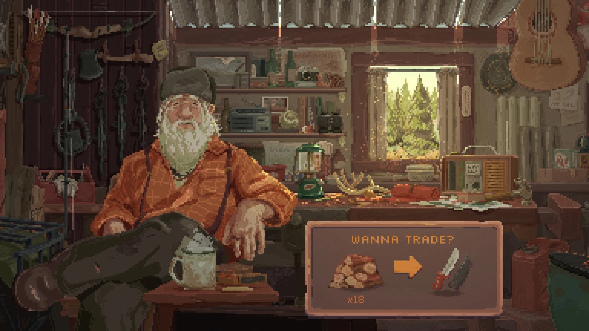 Wild n Chill: Trading UI offers 18 rocks for a knife with a bearded man in a cabin workshop.