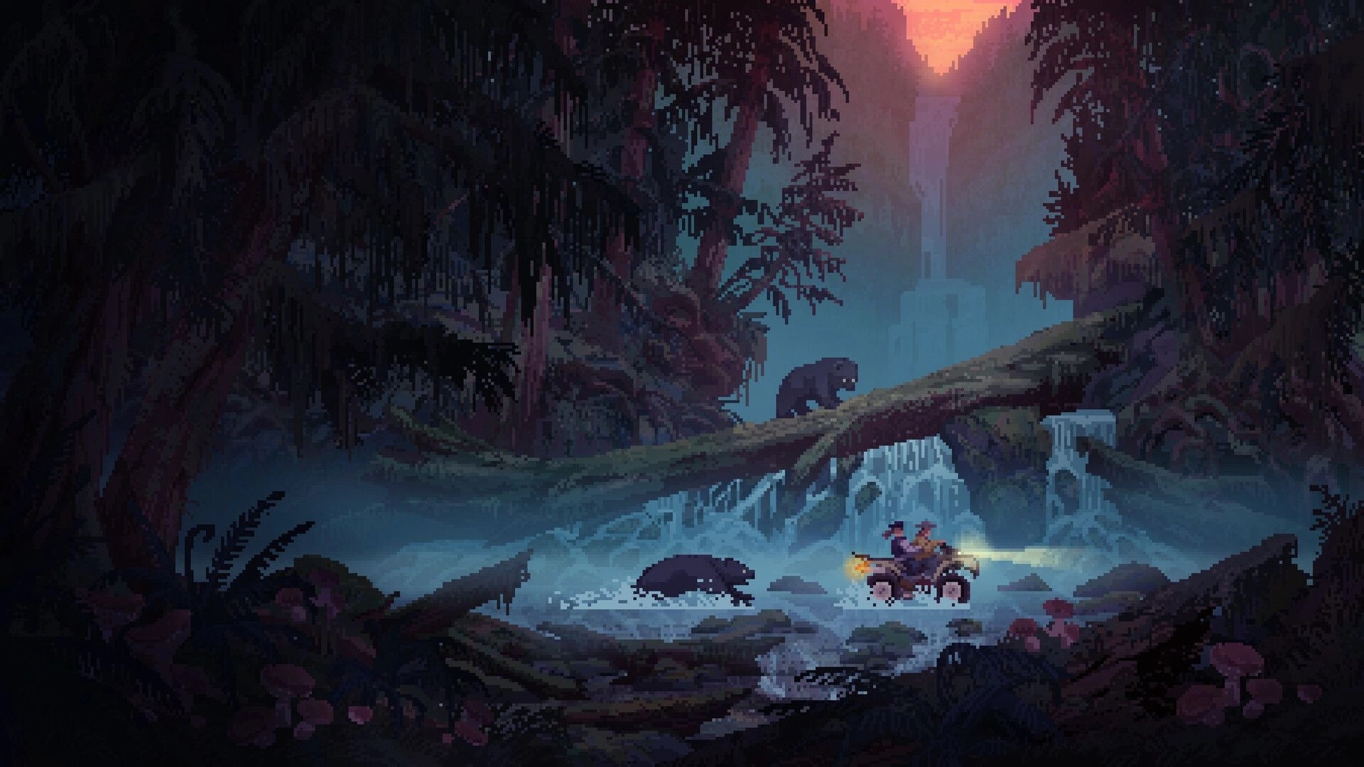 Wild n Chill: Motorbike rider fords a river beneath a fallen log bridge in misty forest at dusk.