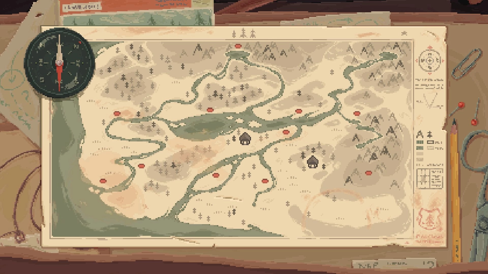 Wild n Chill: Map screen with compass and river routes, cabin markers, and mountain regions on paper map.