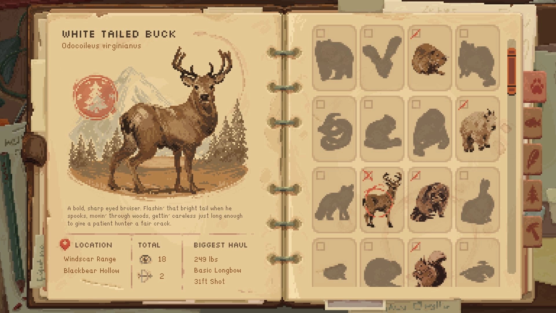 Wild n Chill: Wildlife journal open to White Tailed Buck entry with animal collection grid UI.