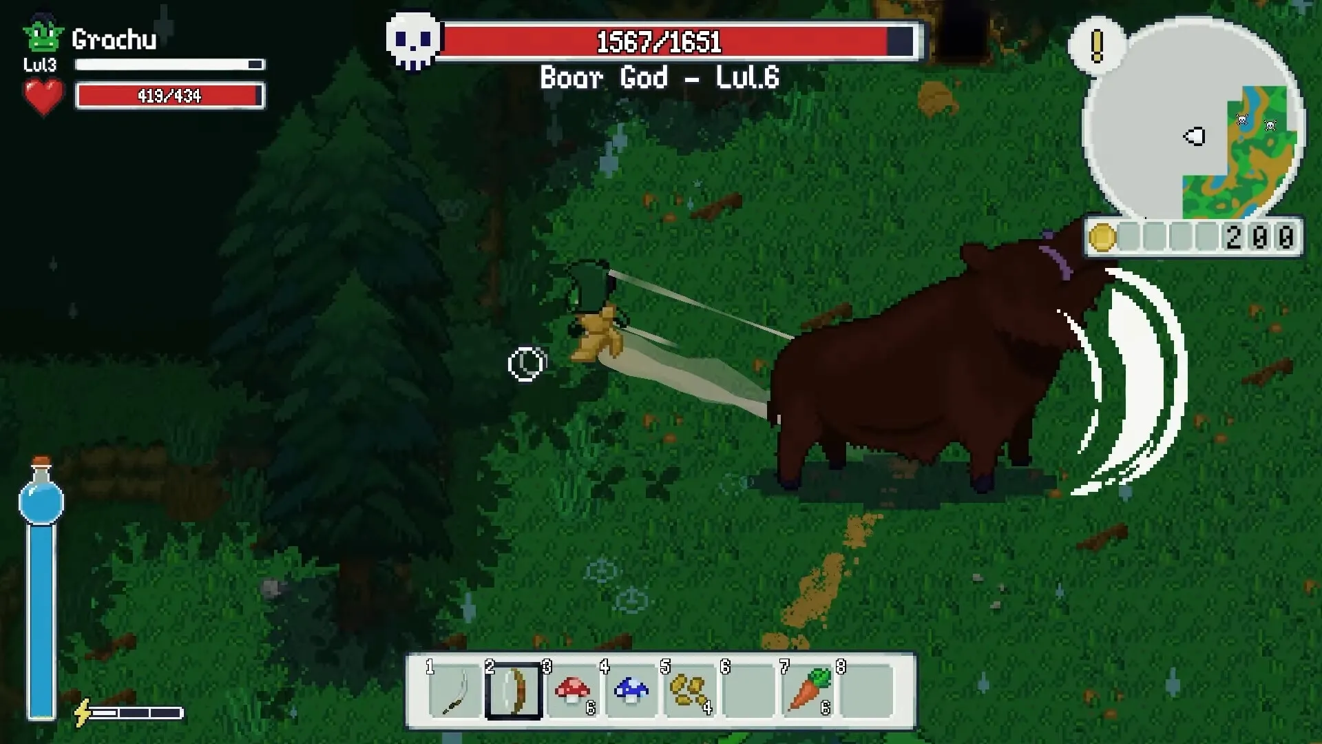 Wildaria: Grachu battles Boar God in forest clearing with health bars and inventory visible