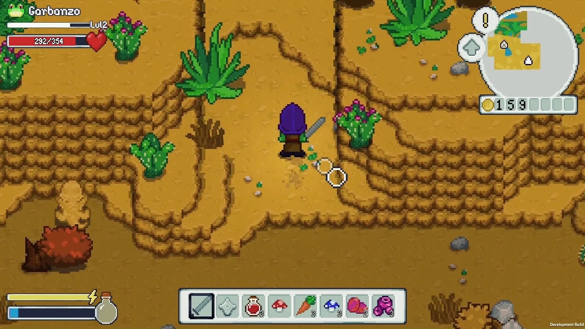 Wildaria: Character exploring desert canyon with cacti, minimap, and health bar displayed