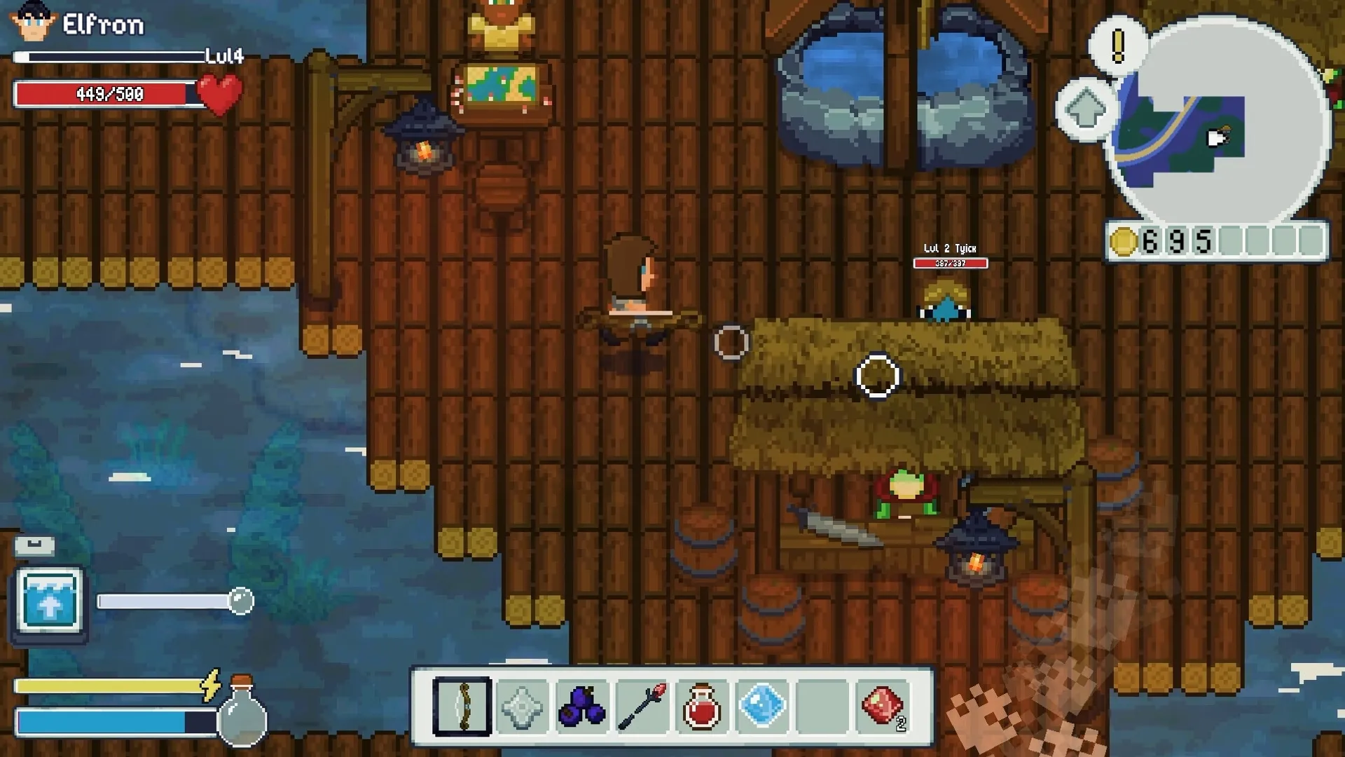 Wildaria: Character Elfron exploring wooden dock with map, health bar, and inventory icons visible