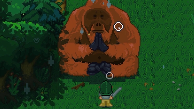 Wildaria: Player character confronts a giant meditating creature in a lush green forest setting