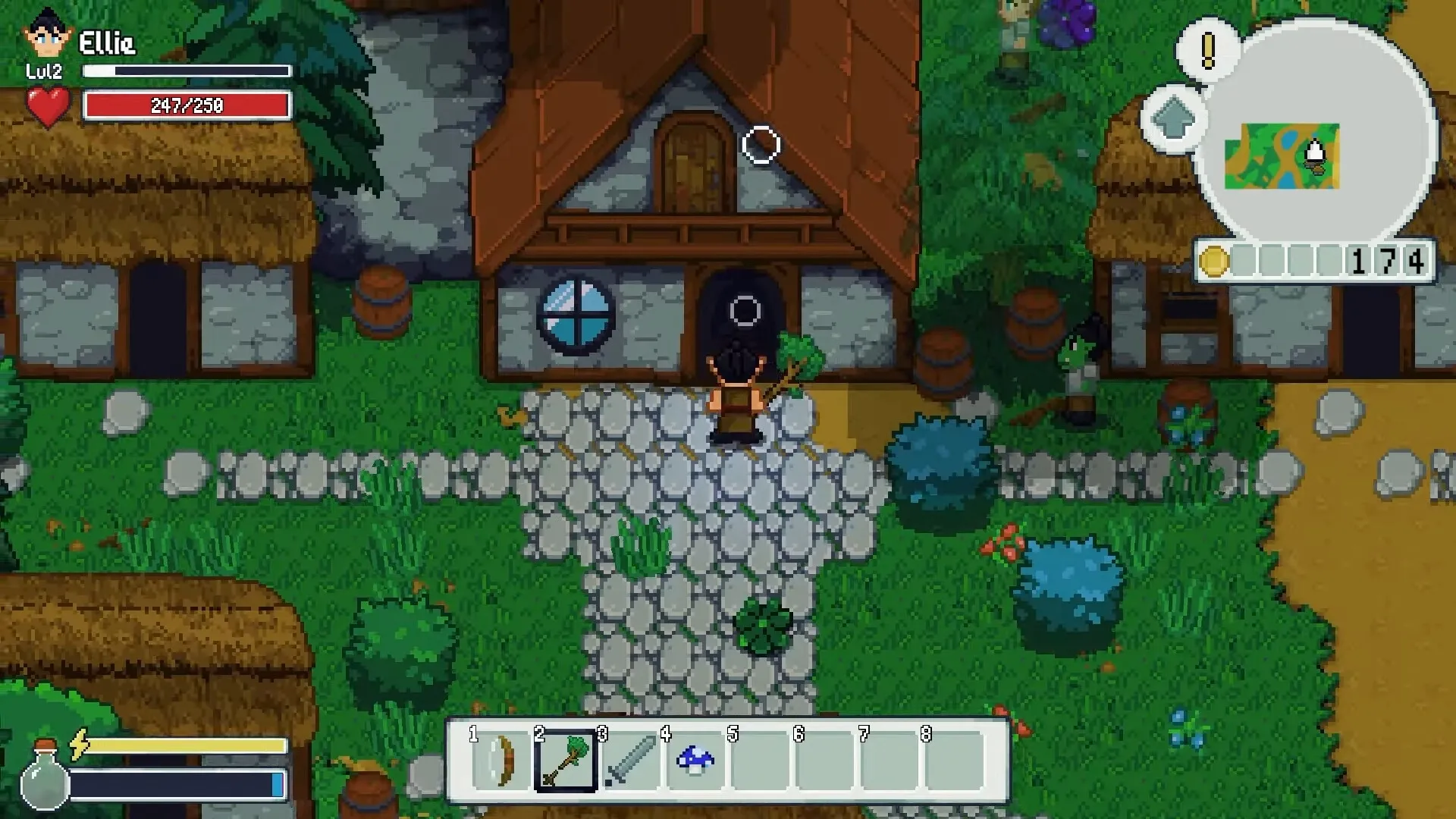 Wildaria: Ellie approaches a village house with inventory displayed, map and health bar visible