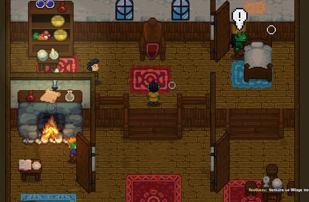 Wildaria: Character in a wooden cottage with a fireplace, interacting with two NPCs in separate rooms.