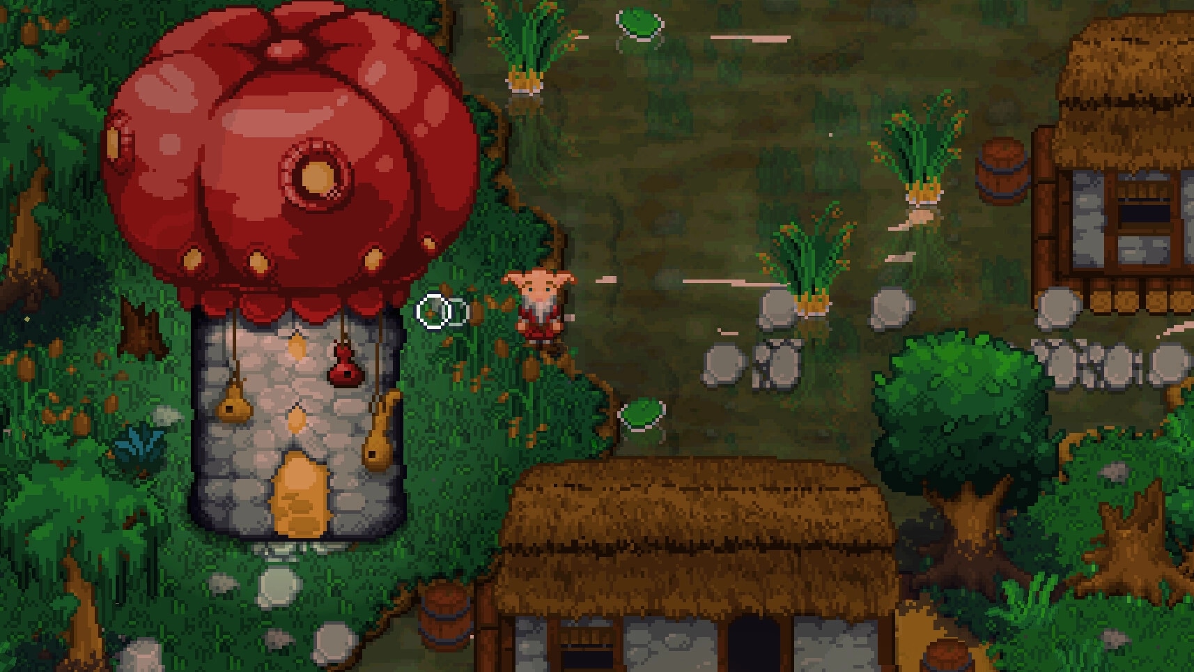 Wildaria: Character exploring village with mushroom house and thatched huts surrounded by greenery