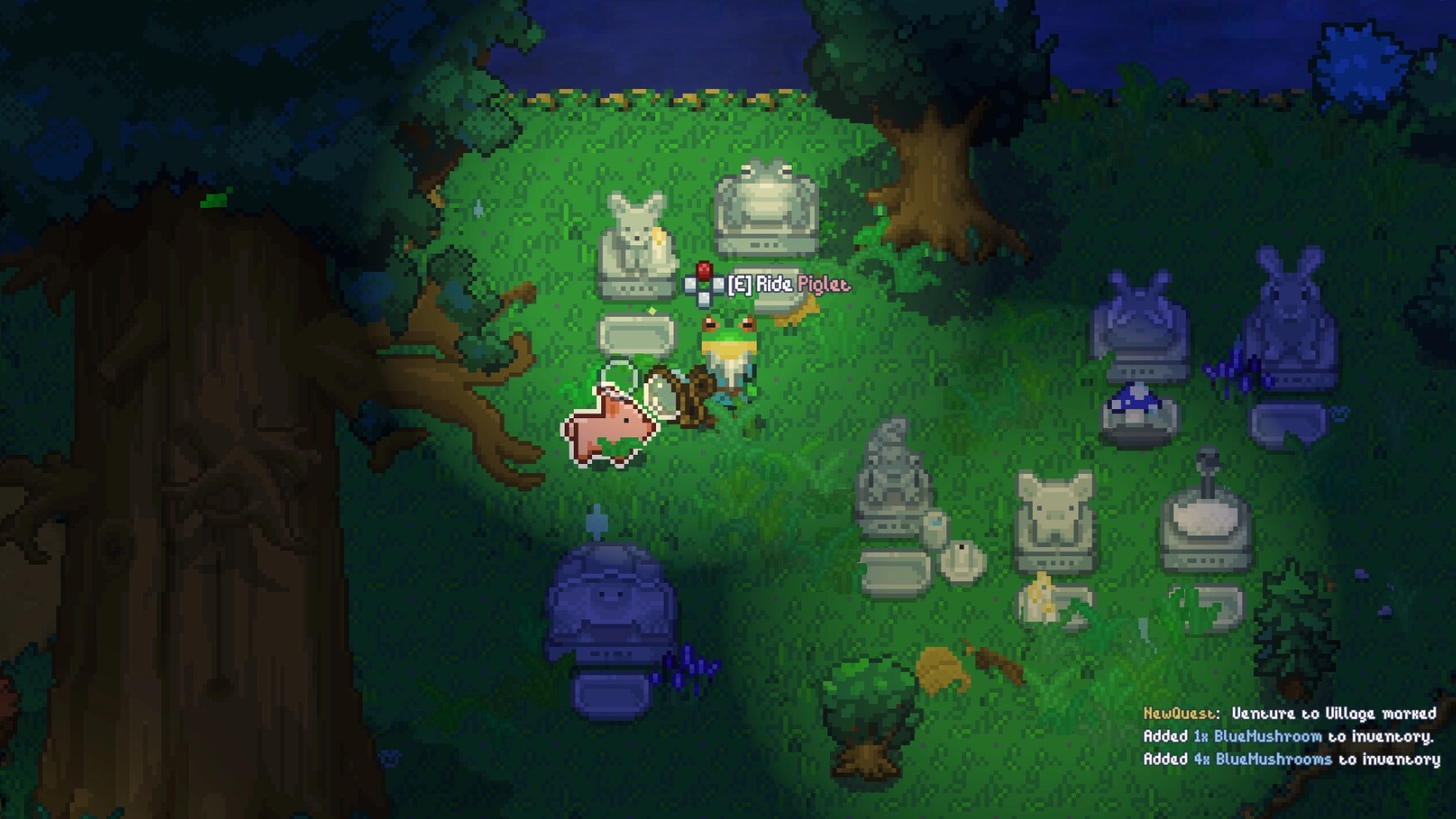 Wildaria: Player beside glowing pet statue in forest clearing with quest and inventory updates displayed.