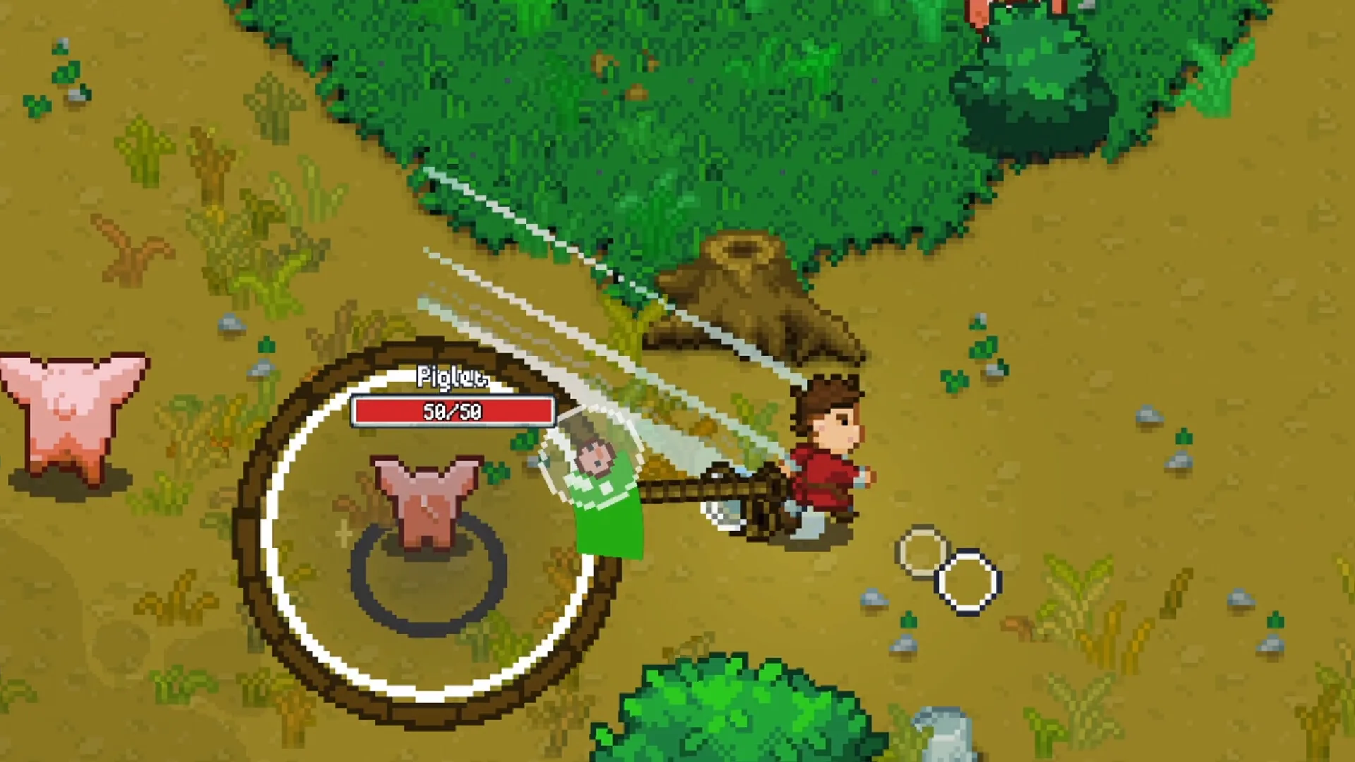 Wildaria: Player character battling a piglet in a grassy area with health bar and targeting circle visible.