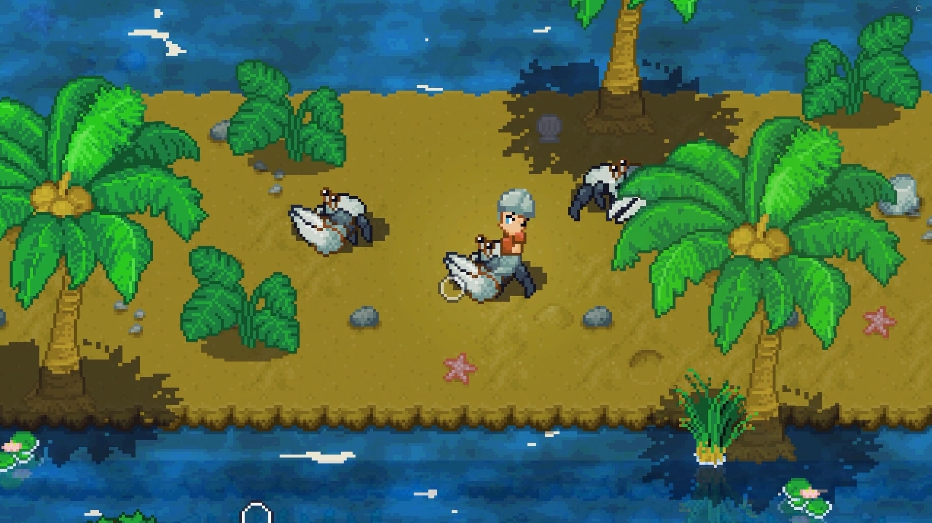 Wildaria: Player riding a bird-like creature on a tropical island with palm trees and surrounding water
