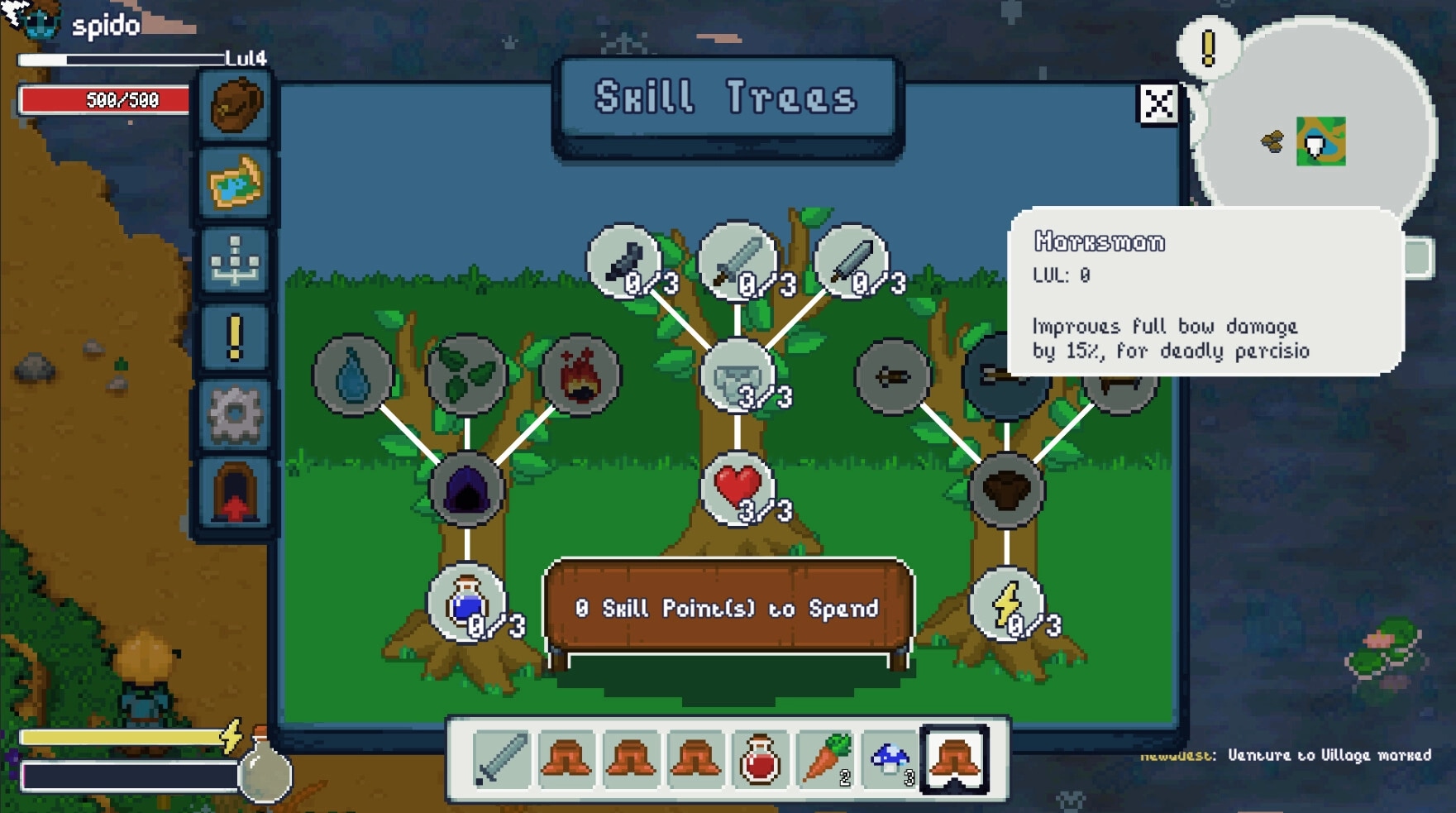 Wildaria: Skill tree interface with various abilities and stats, character level and health shown