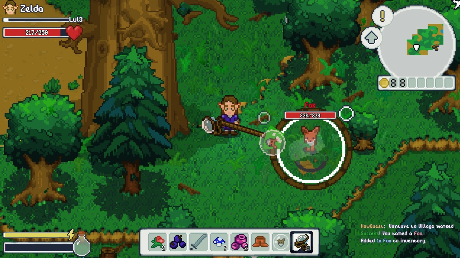 Wildaria: Player "Zelda" taming a fox in a lush forest, with health bar and mini-map displayed.