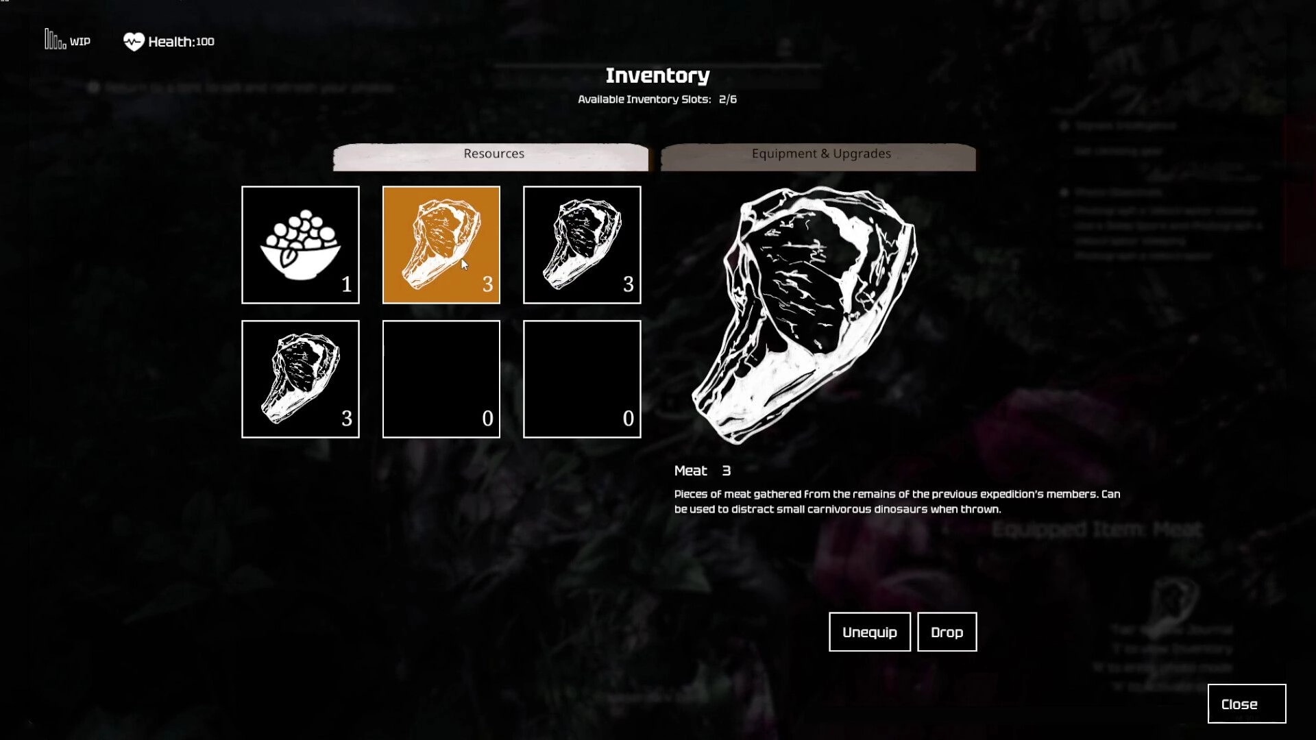 Wilderdark: Inventory menu highlighting meat resource and slots, over a dark blurred jungle backdrop.