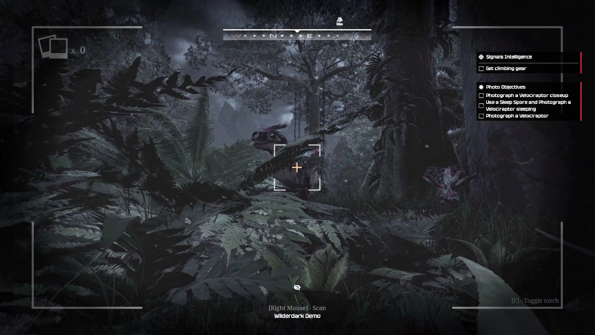 Wilderdark: Camera scan reticle aimed at a raptor in dense jungle, with photo objectives UI list.
