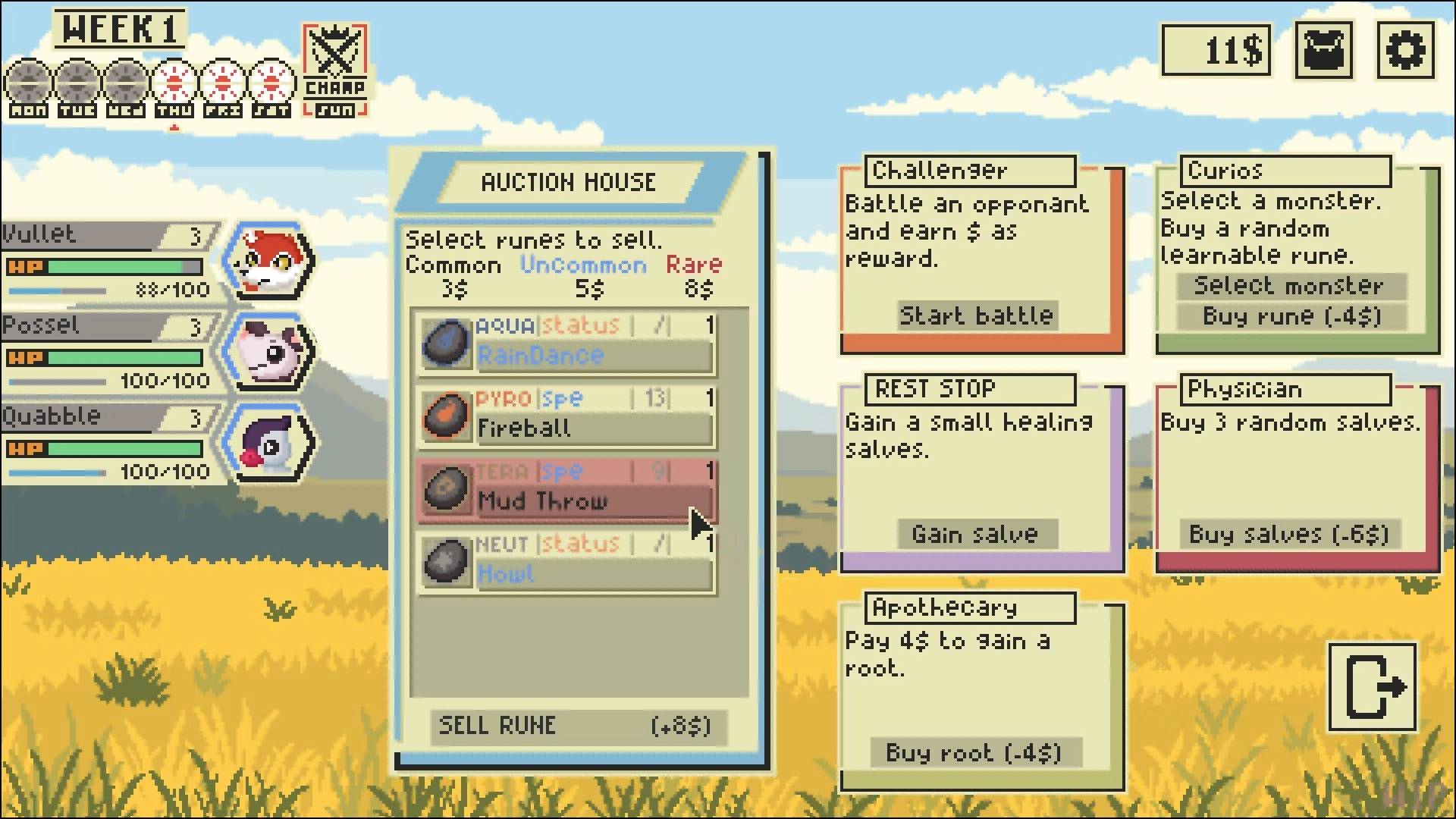 WILDERLOCKE: Auction House interface with runes and monster stats displayed over a grassy landscape.