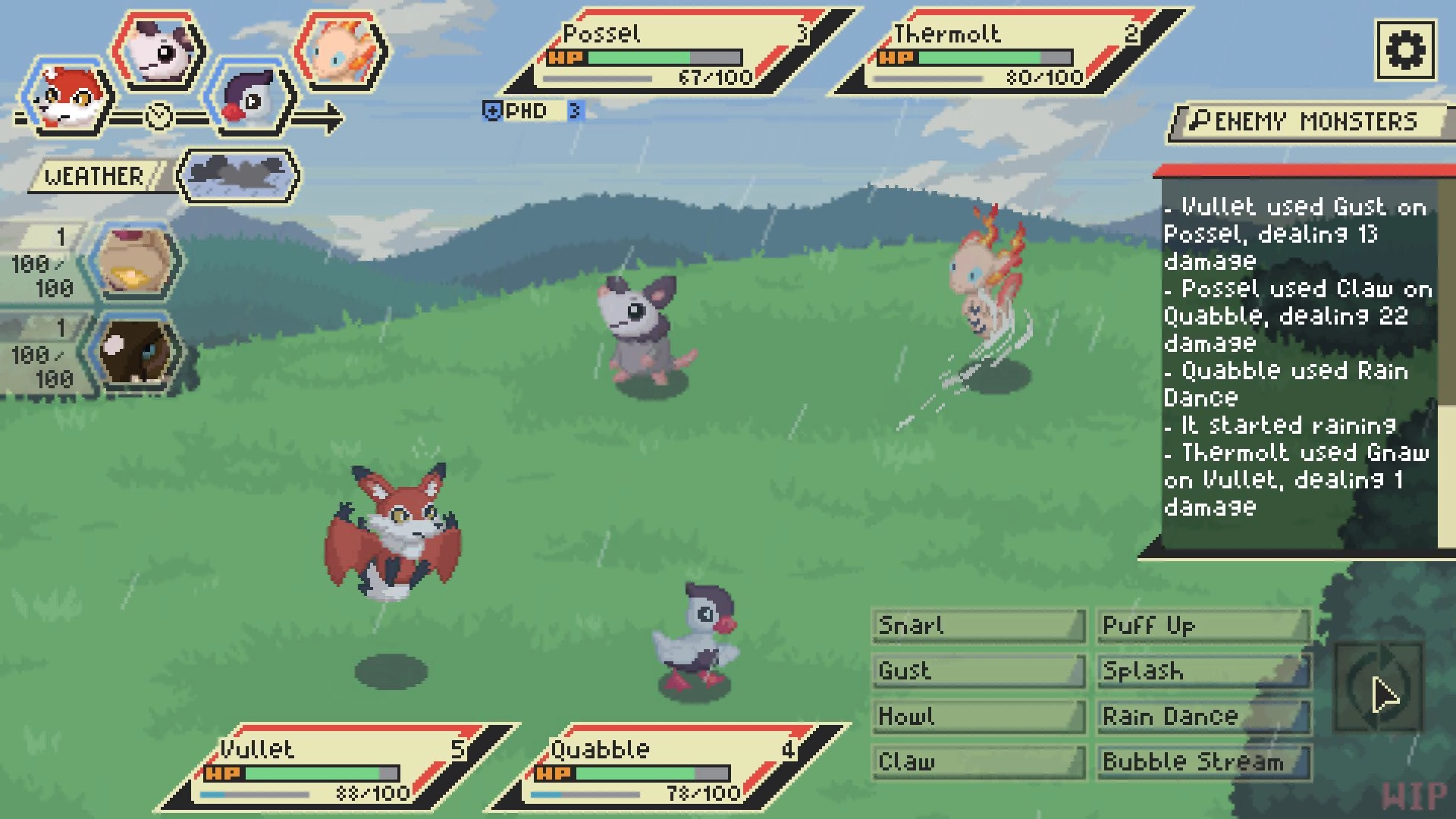 WILDERLOCKE: Vullet and Quabble in tactical 2v2 battle against Possel and Thermolt on grassy field.