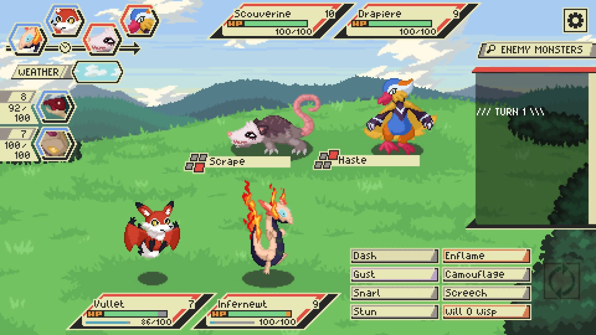 WILDERLOCKE: Turn-based battle with Vullet and Infernewt against Scouverine and Drapiere in grassy field.
