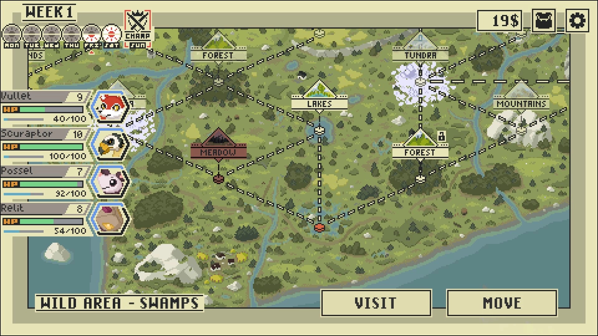 WILDERLOCKE: Overworld map with team stats on left, showing routes to forest, tundra, and lakes.