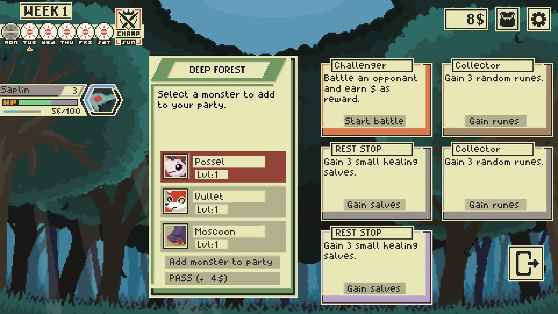 WILDERLOCKE: Monster selection in Deep Forest with options for battles, runes, and healing salves.