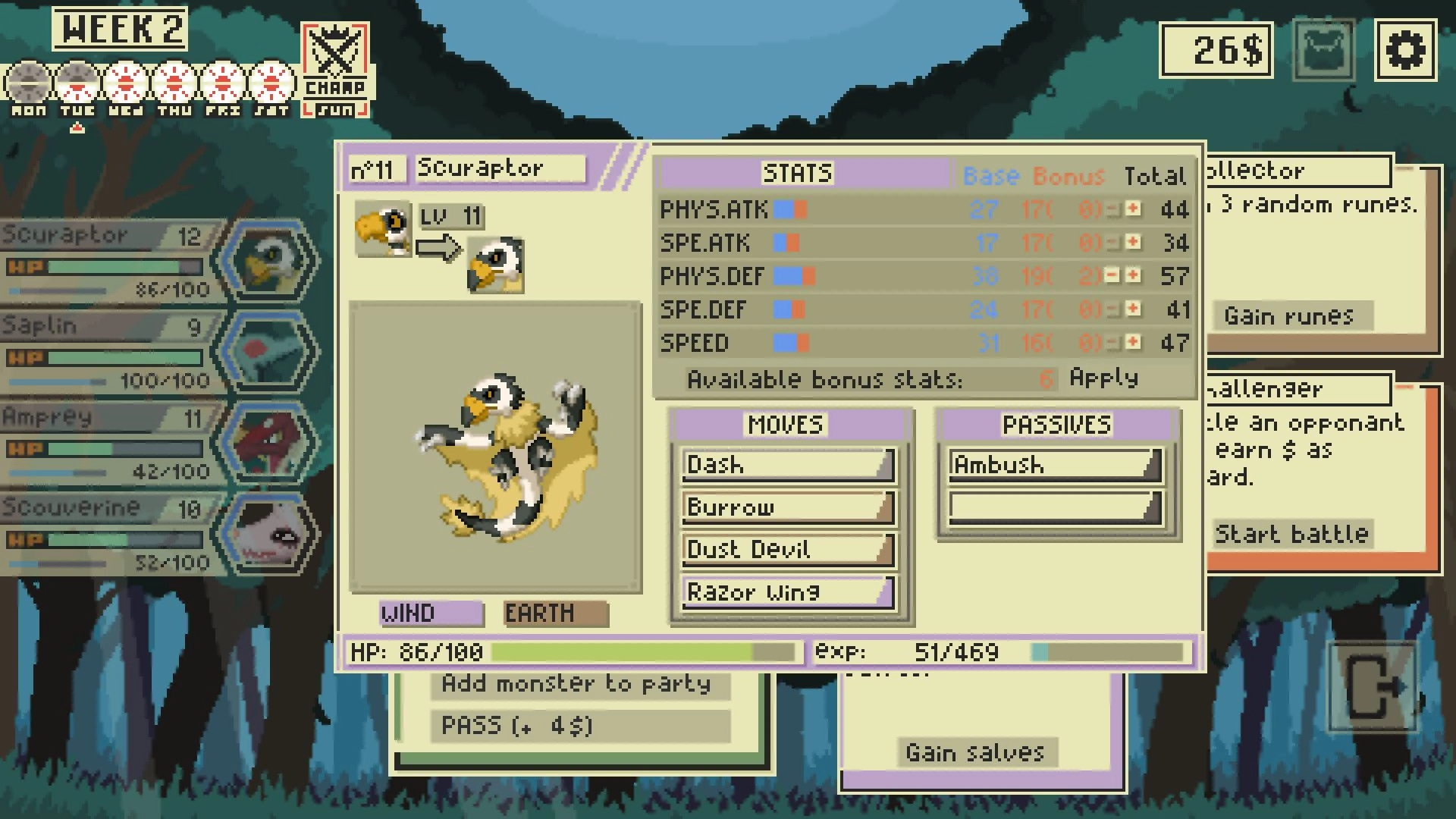 WILDERLOCKE: Scuraptor stats and moves displayed in forest background with team health on left panel