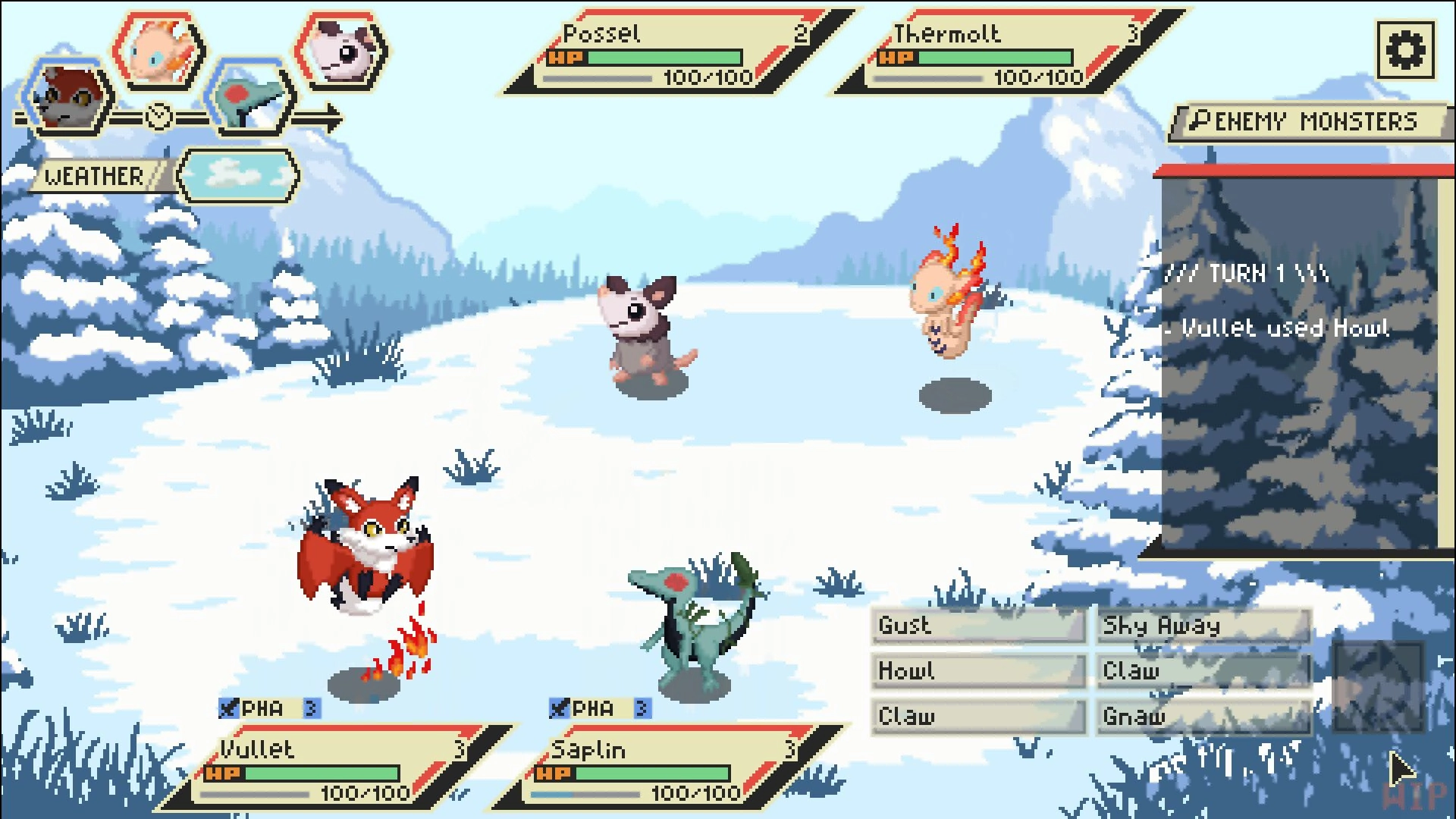 WILDERLOCKE: Vulet and Saplin battle Possel and Thermolt in a snowy forest, turn-based combat UI shown