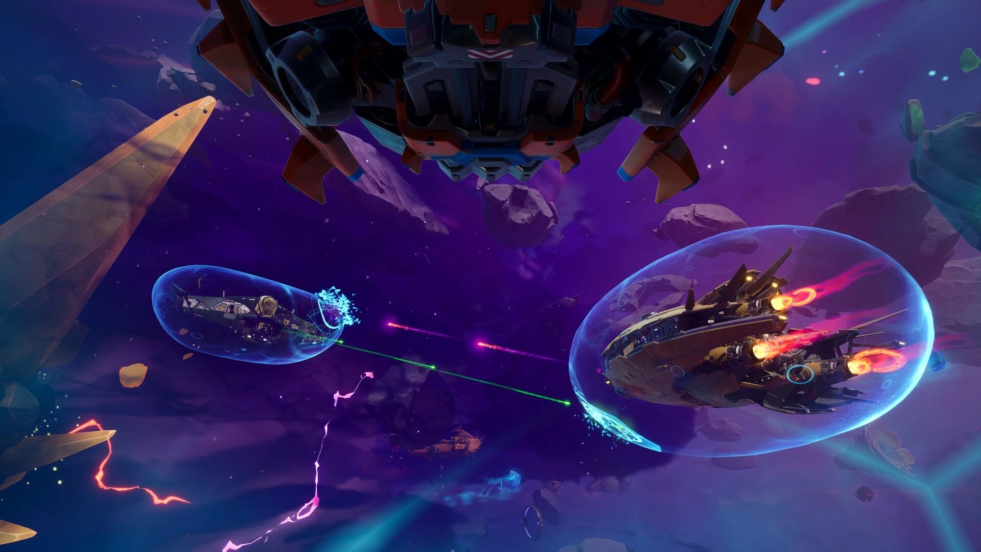 Wildgate: Two spaceships in combat with energy shields in a vibrant asteroid field environment