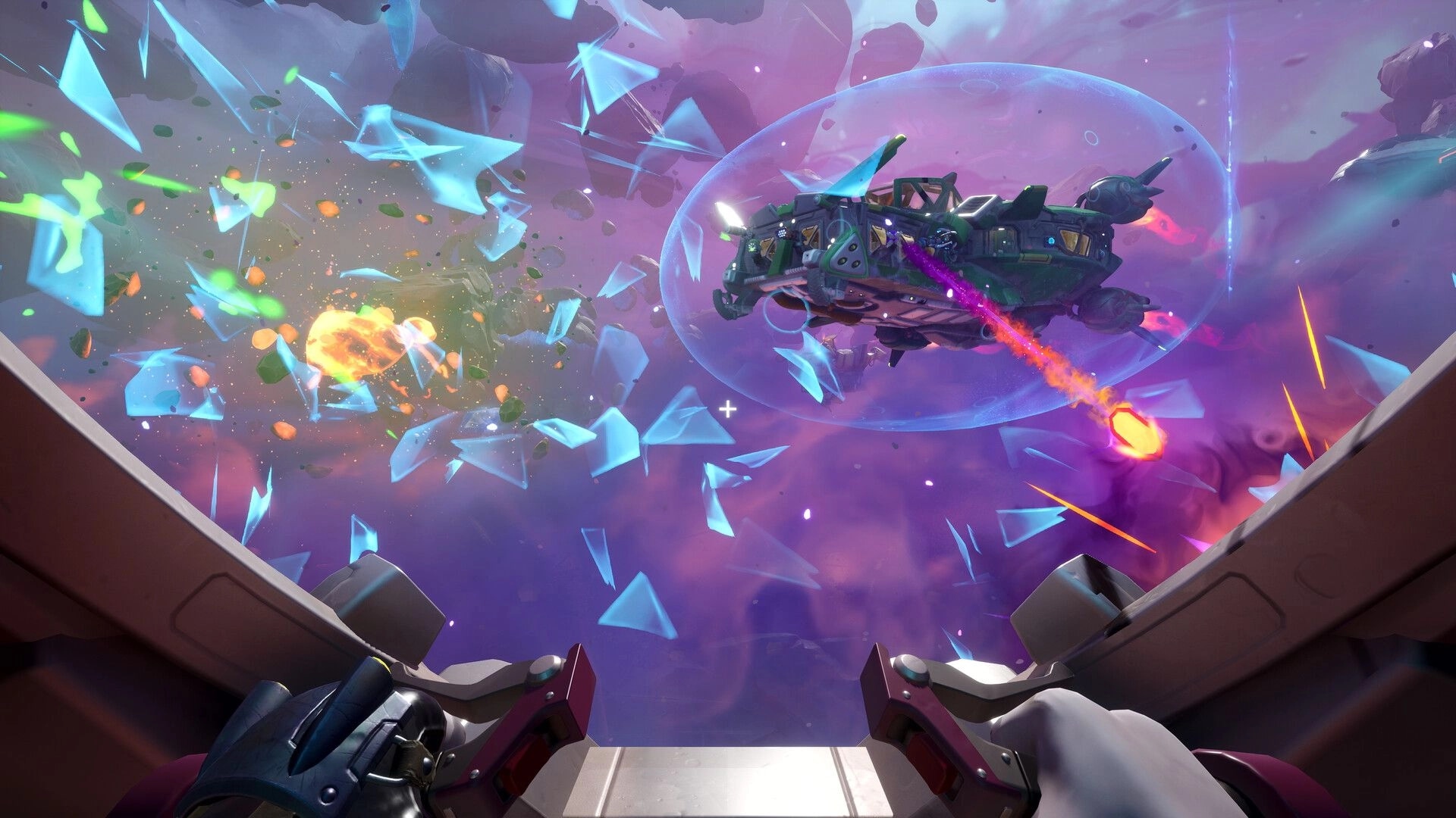Wildgate: Cockpit view of space battle with ship firing laser amidst floating debris in colorful nebula