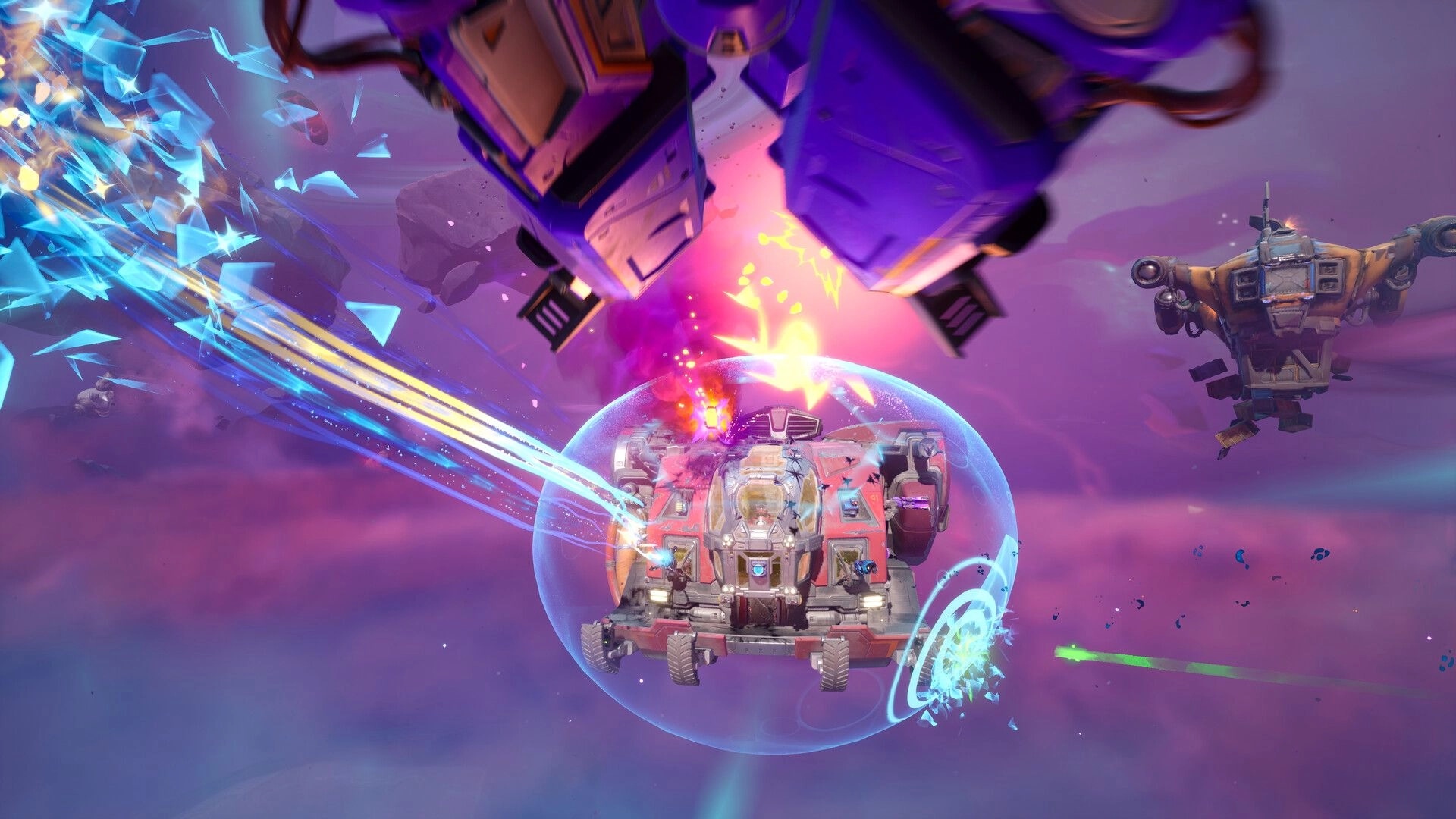 Wildgate: Spaceship combat with energy shields and explosions in a vibrant, colorful nebula environment
