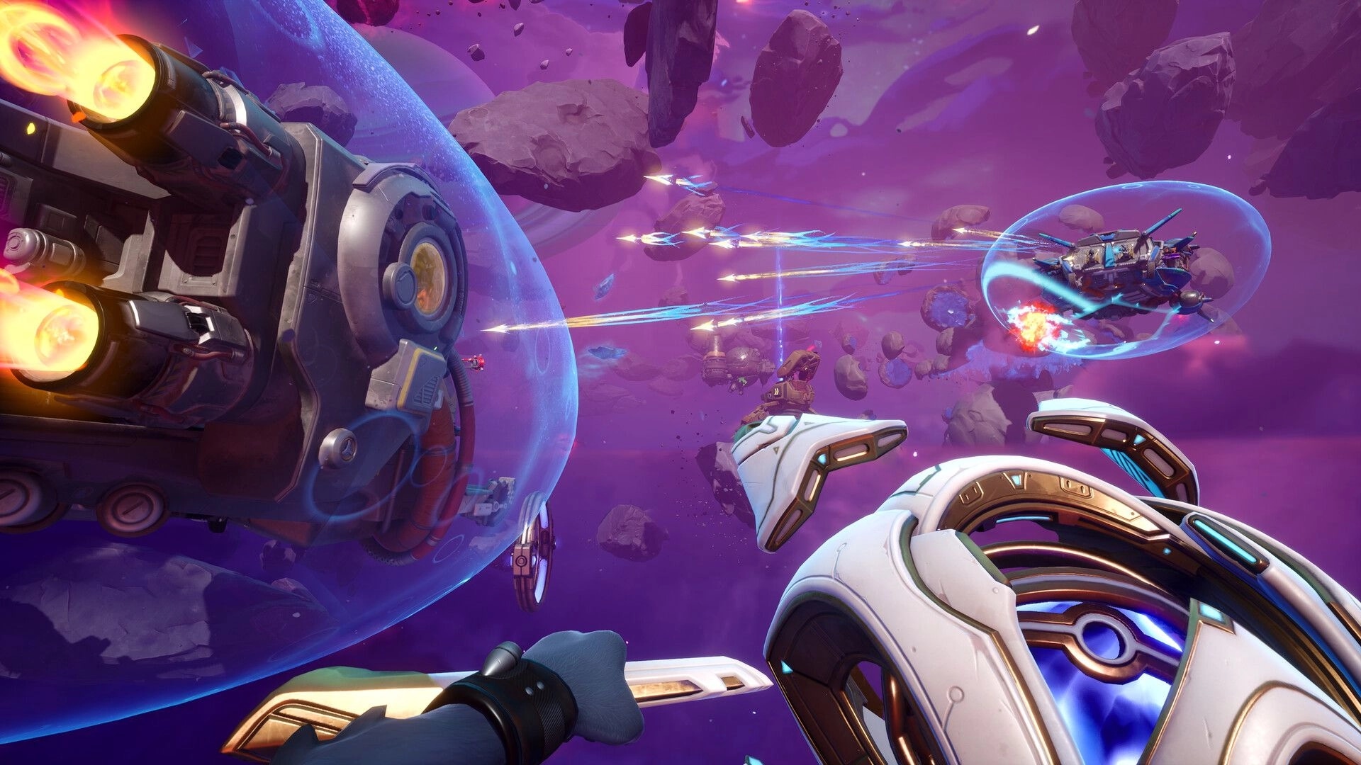 Wildgate: First-person space combat with ships firing lasers amidst asteroids in a colorful nebula