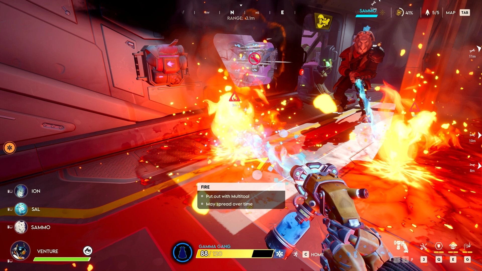Wildgate: Player uses fire extinguisher in intense ship corridor combat with visible UI elements