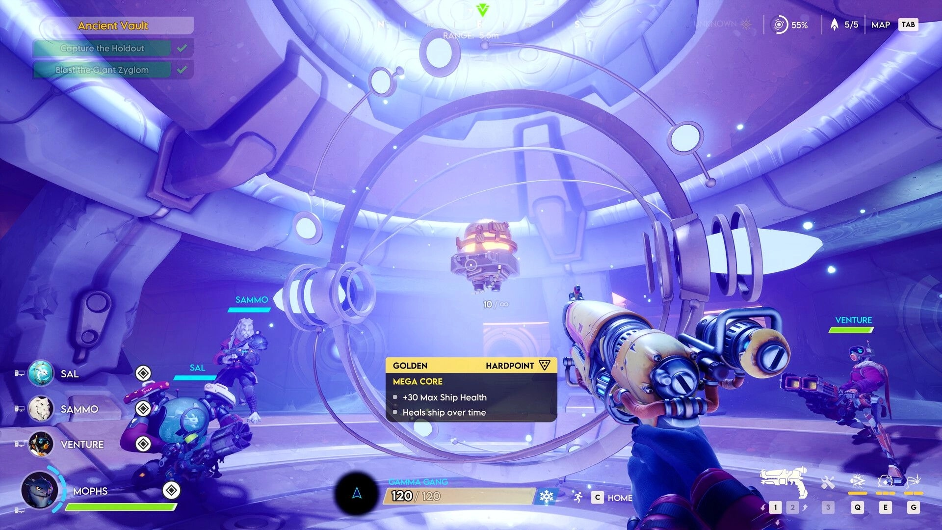 Wildgate: First-person view aiming at Mega Core in futuristic vault with team members Sammo and Venture