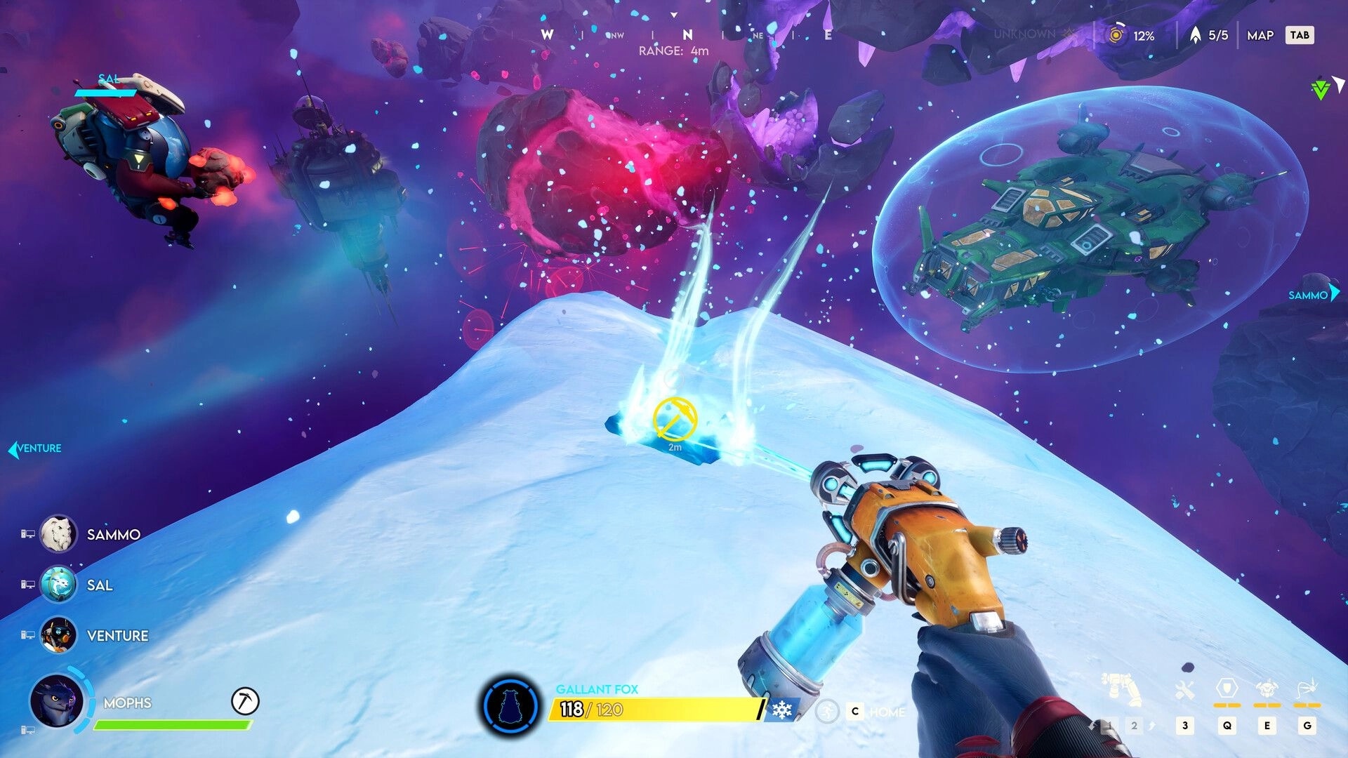 Wildgate: Player aiming weapon at icy terrain with ships in colorful asteroid-filled space environment