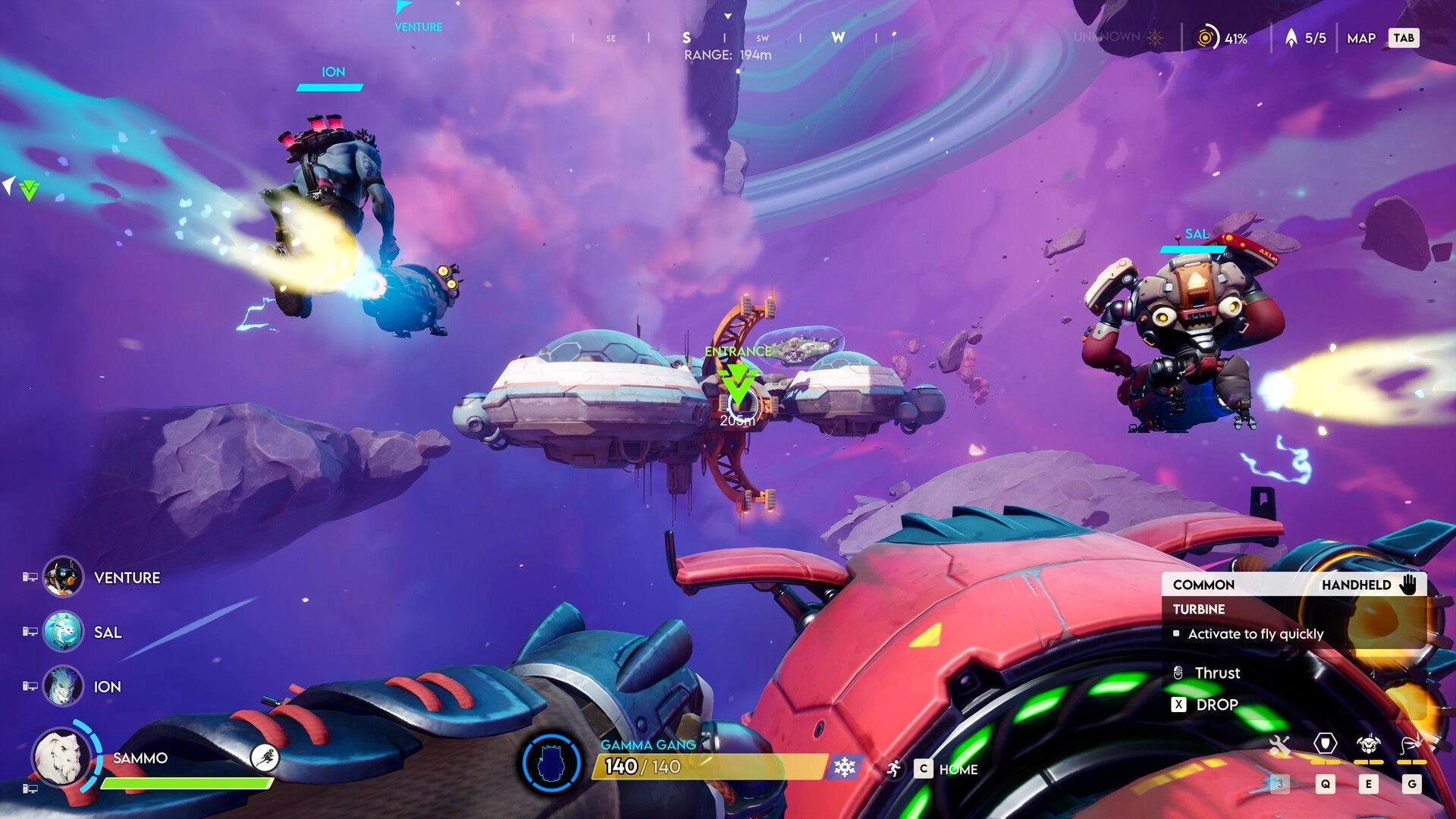 Wildgate: Players with jetpacks navigate purple asteroid field towards space station entrance marker.