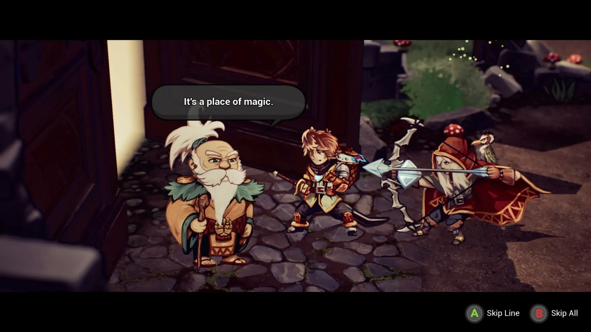 Wildkeepers Rising: Three characters converse outside a wooden door in a mystical forest setting