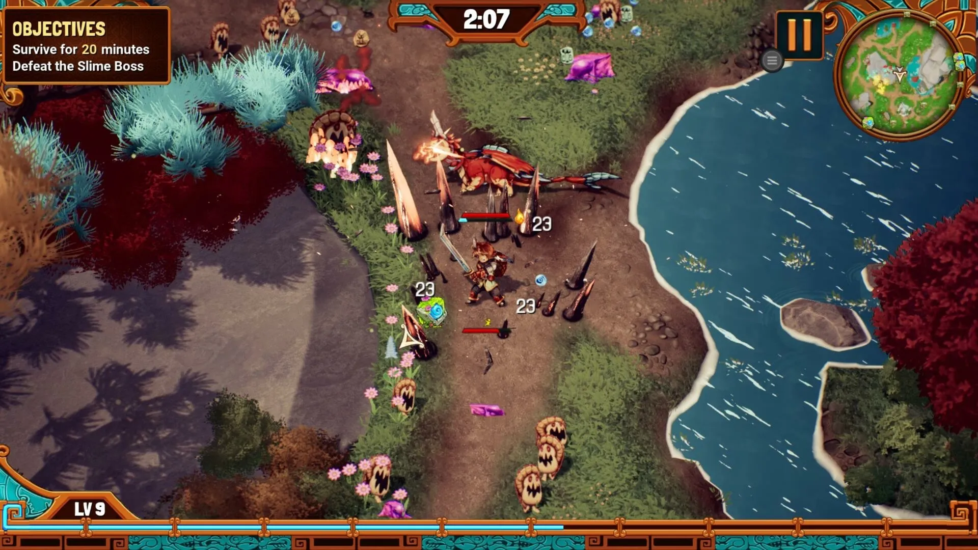Wildkeepers Rising: Hero battles enemies near a lake with timer and objectives displayed in forest setting