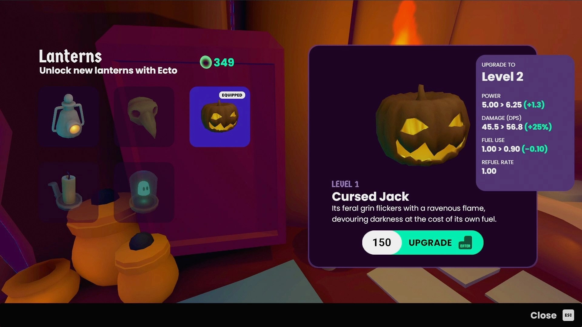 Wildwood: Lantern selection menu with Cursed Jack upgrade options and Ecto currency displayed