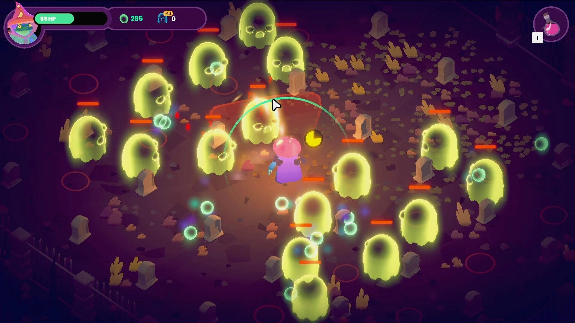 Wildwood: Player surrounded by glowing ghosts in a graveyard, health and potion UI visible